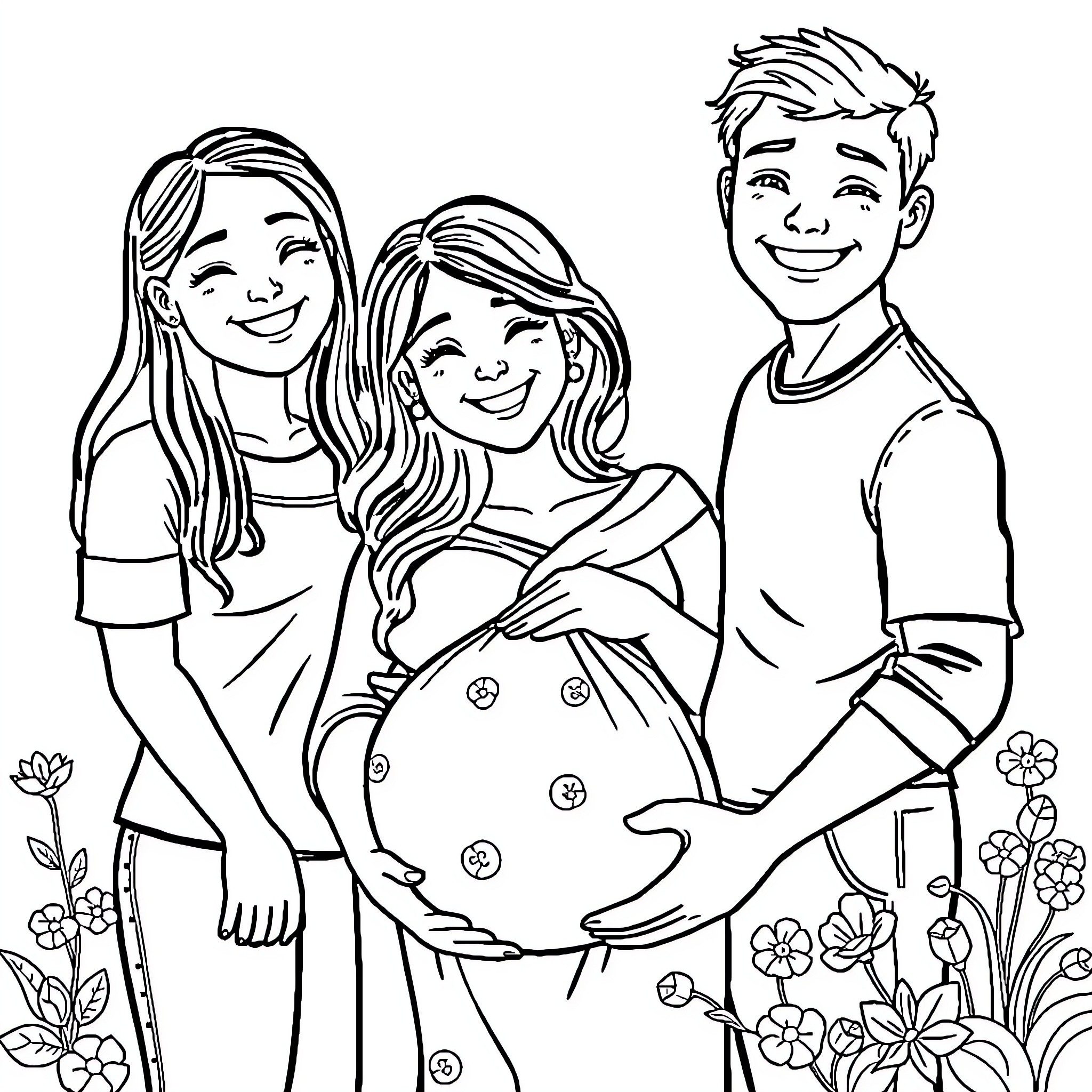 Family Celebrating a Pregnancy Together Coloring Page (free black-and-white line drawing printable PDF for all, from beginners to advanced learners, including children, teens, adults, and seniors)