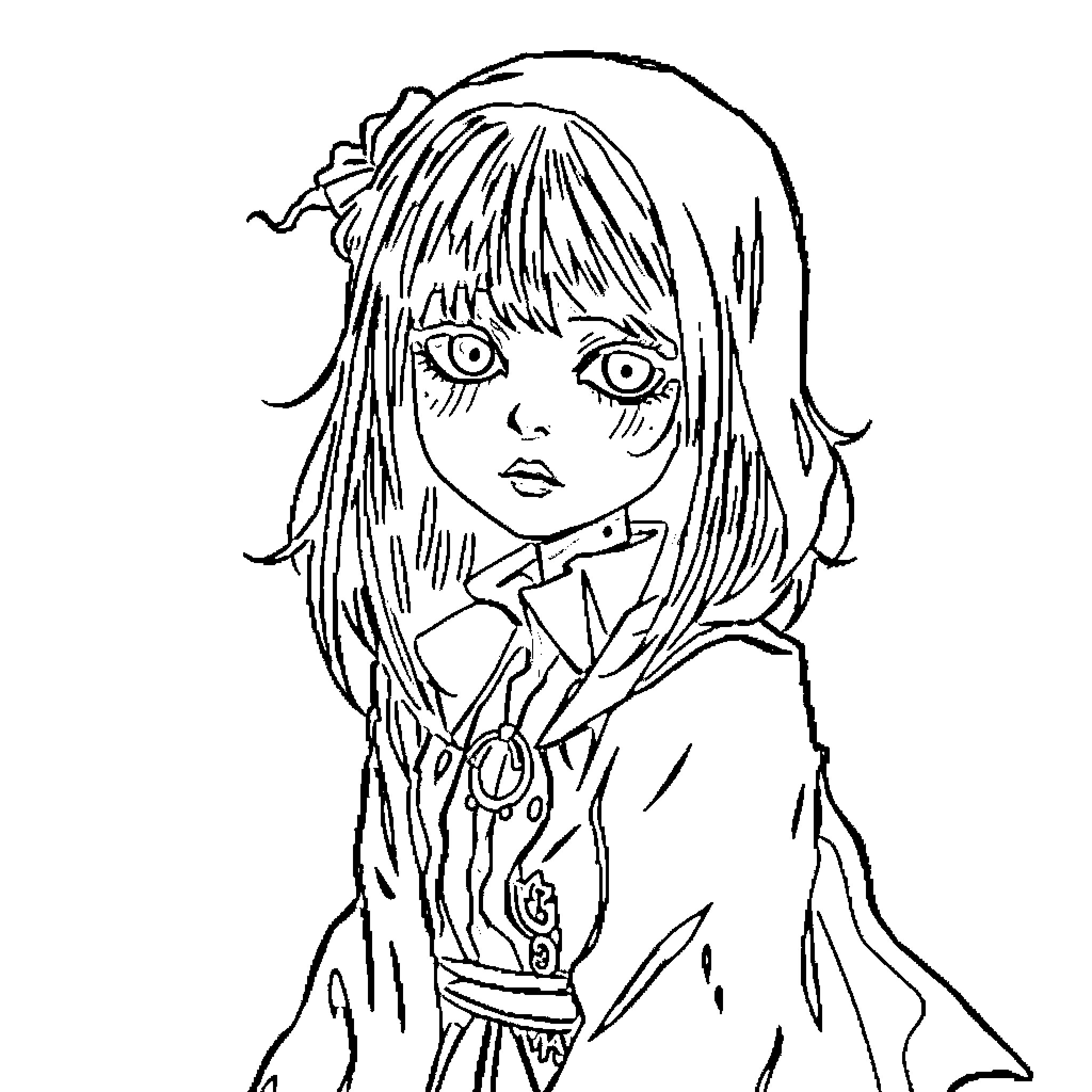 Gothic Girl Wearing Elaborate Outfit and Accessories Coloring Page (free black-and-white line drawing printable PDF for all, from beginners to advanced learners, including children, teens, adults, and seniors)