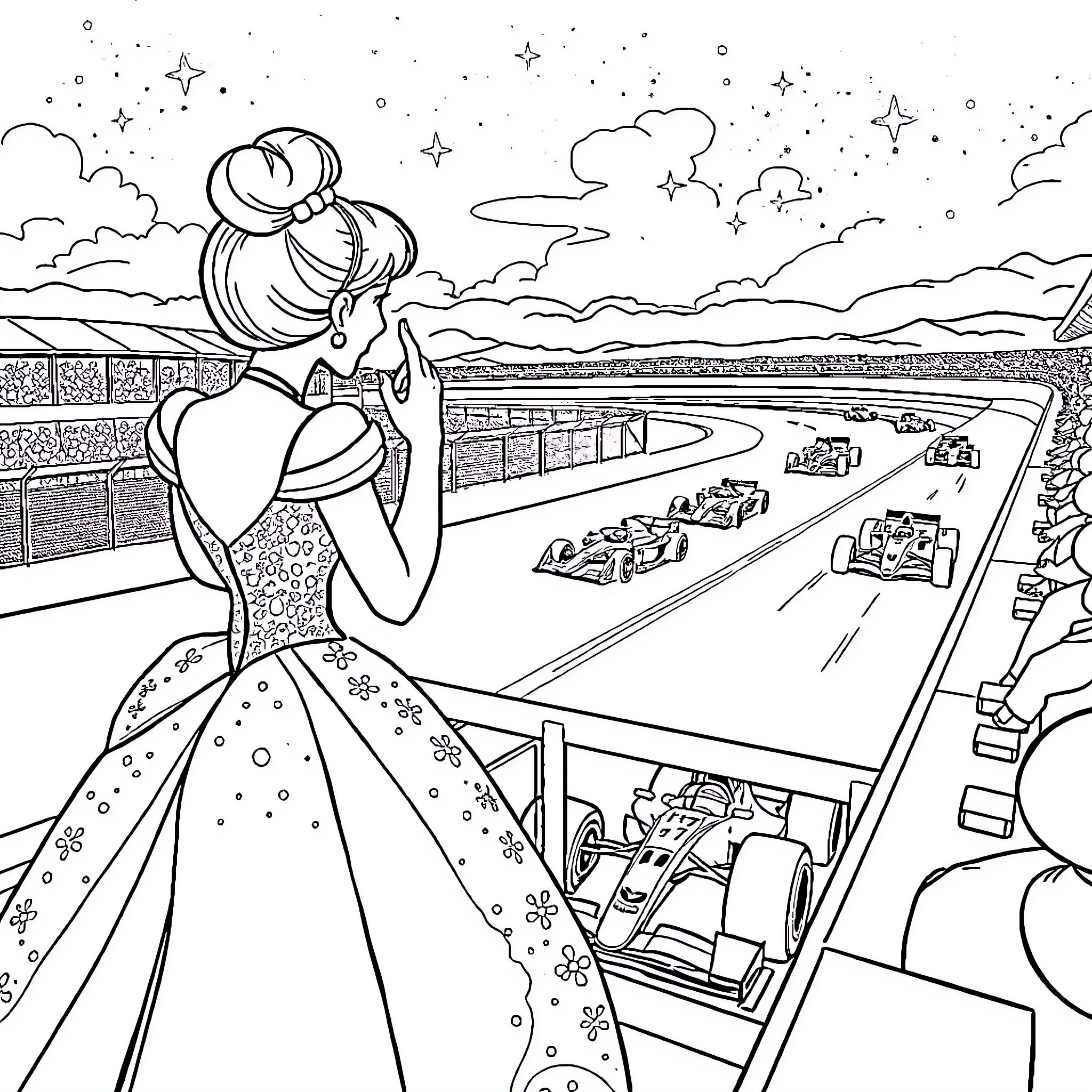 Cinderella Watches Exciting Race at Night Coloring Page (free black-and-white line drawing printable PDF for all, from beginners to advanced learners, including children, teens, adults, and seniors)