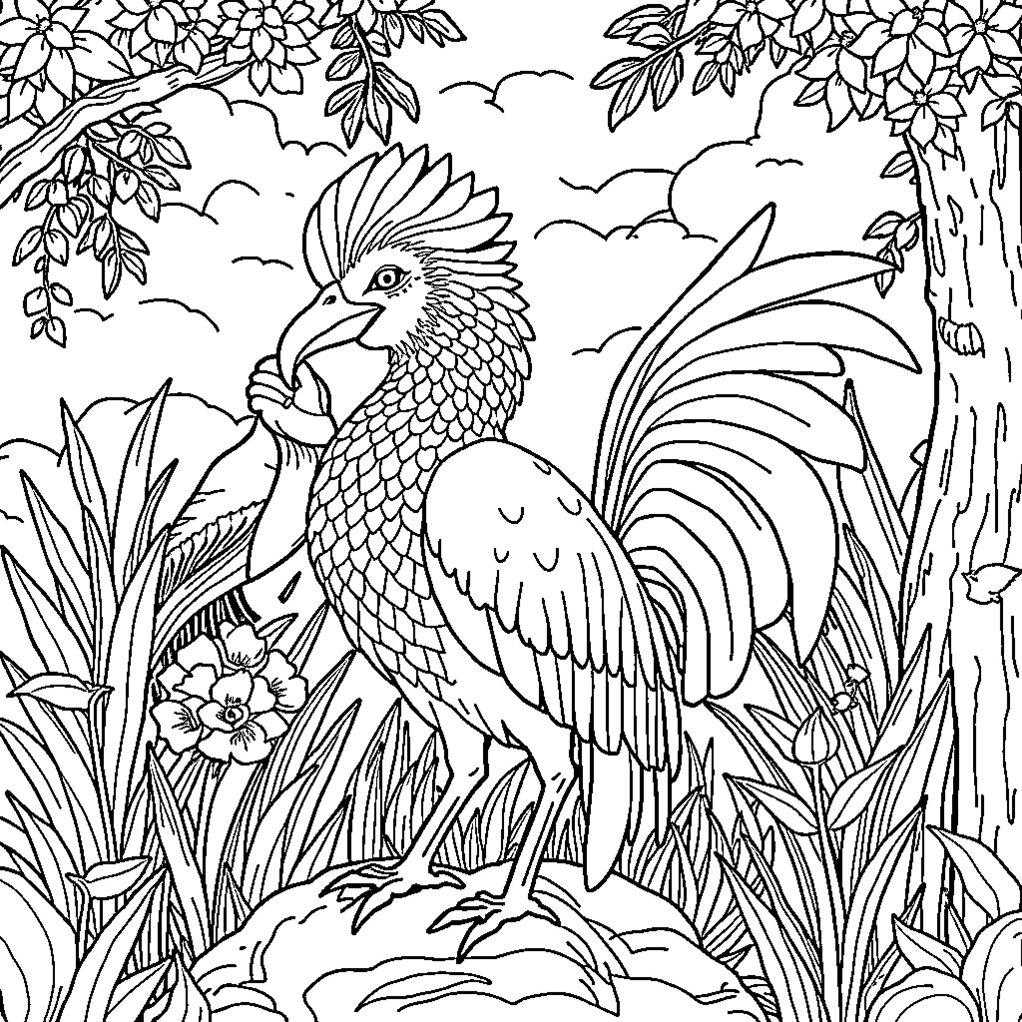 Animal in a Vibrant Floral Landscape Coloring Page (free black-and-white line drawing printable PDF for all, from beginners to advanced learners, including children, teens, adults, and seniors)