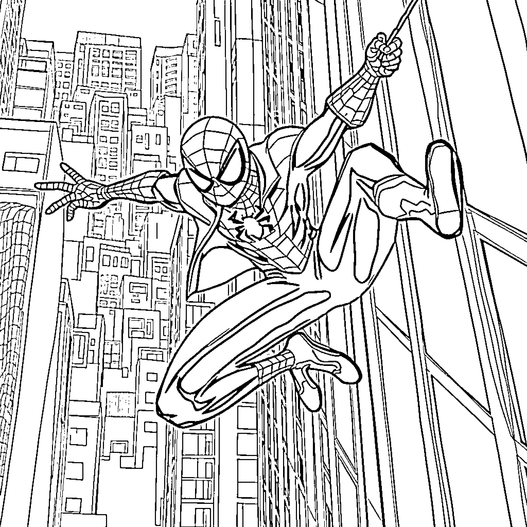 Spider-Man swinging through the city skyline Coloring Page (free black-and-white line drawing printable PDF for all, from beginners to advanced learners, including children, teens, adults, and seniors)