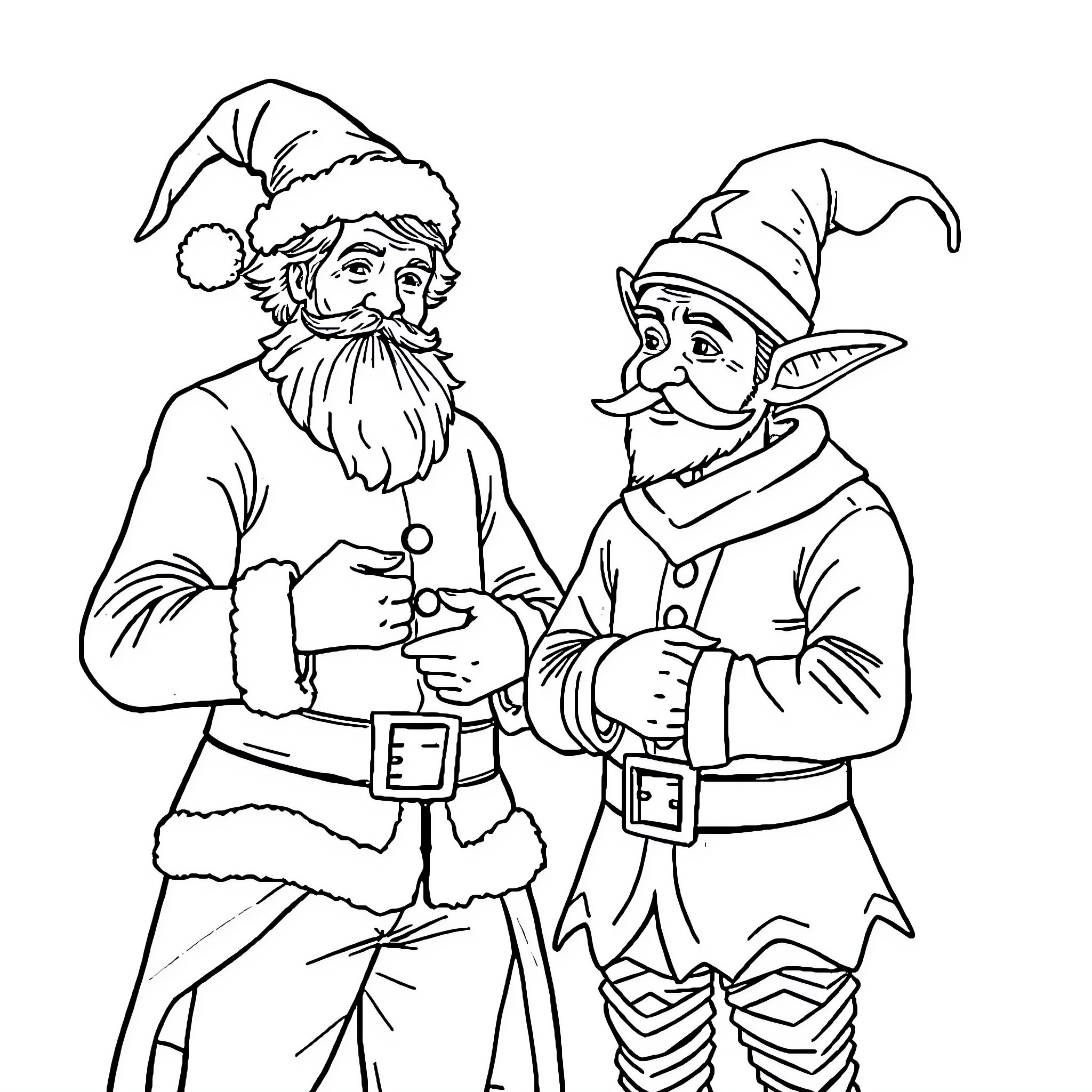 Don Quixote and Sancho Panza in Festive Attire Coloring Page (free black-and-white line drawing printable PDF for all, from beginners to advanced learners, including children, teens, adults, and seniors)