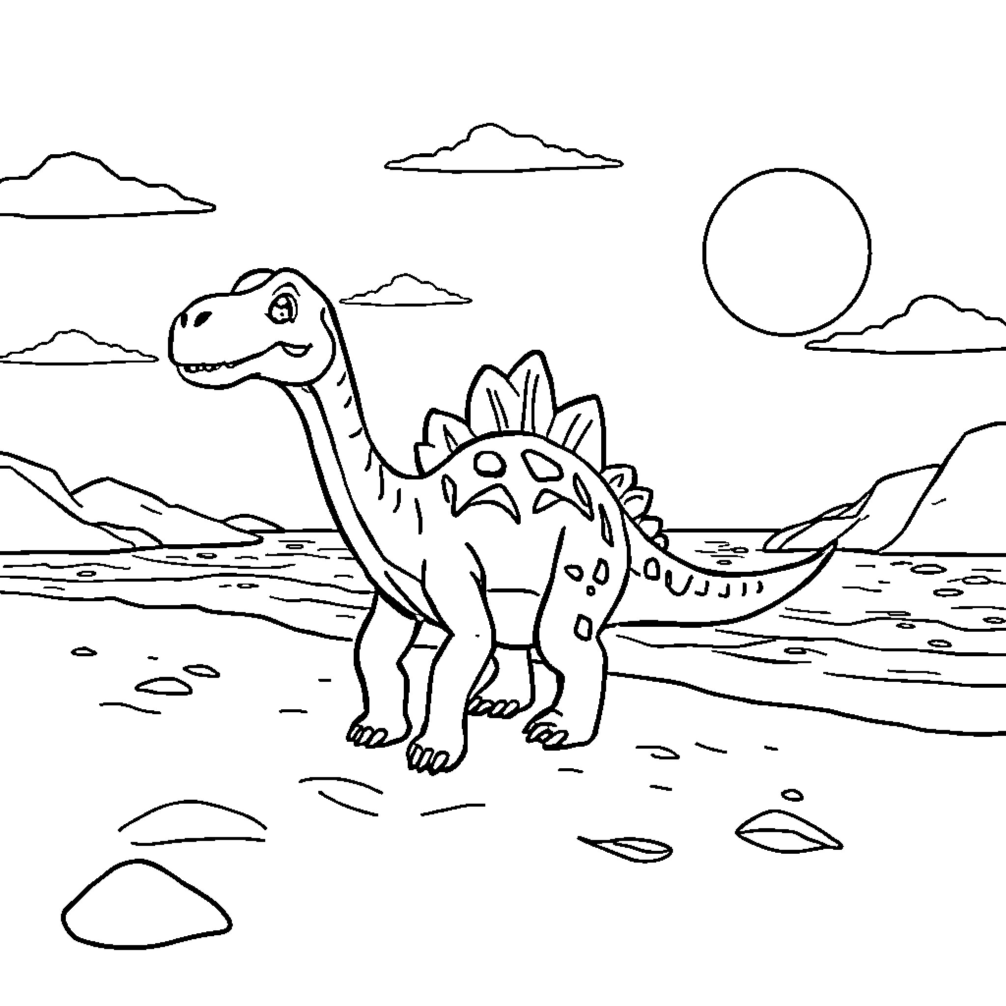 Dinosaur exploring prehistoric landscape Coloring Page (free black-and-white line drawing printable PDF for all, from beginners to advanced learners, including children, teens, adults, and seniors)