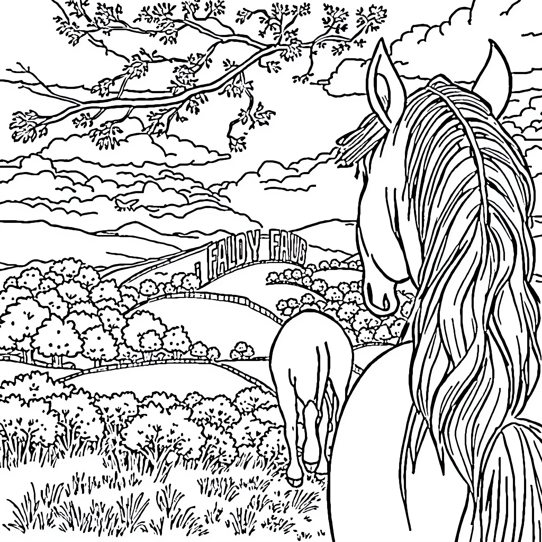 Bebe's Peaceful Countryside Stroll Coloring Page (free black-and-white line drawing printable PDF for all, from beginners to advanced learners, including children, teens, adults, and seniors)
