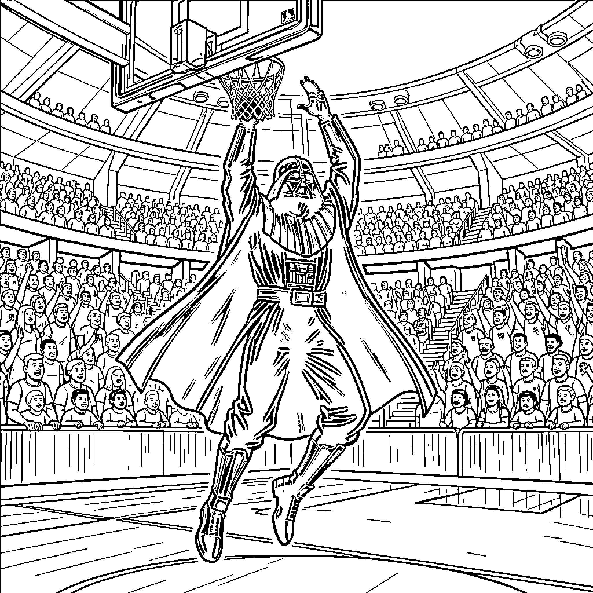 Darth Vader performing a slam dunk in a stadium Coloring Page (free black-and-white line drawing printable PDF for all, from beginners to advanced learners, including children, teens, adults, and seniors)