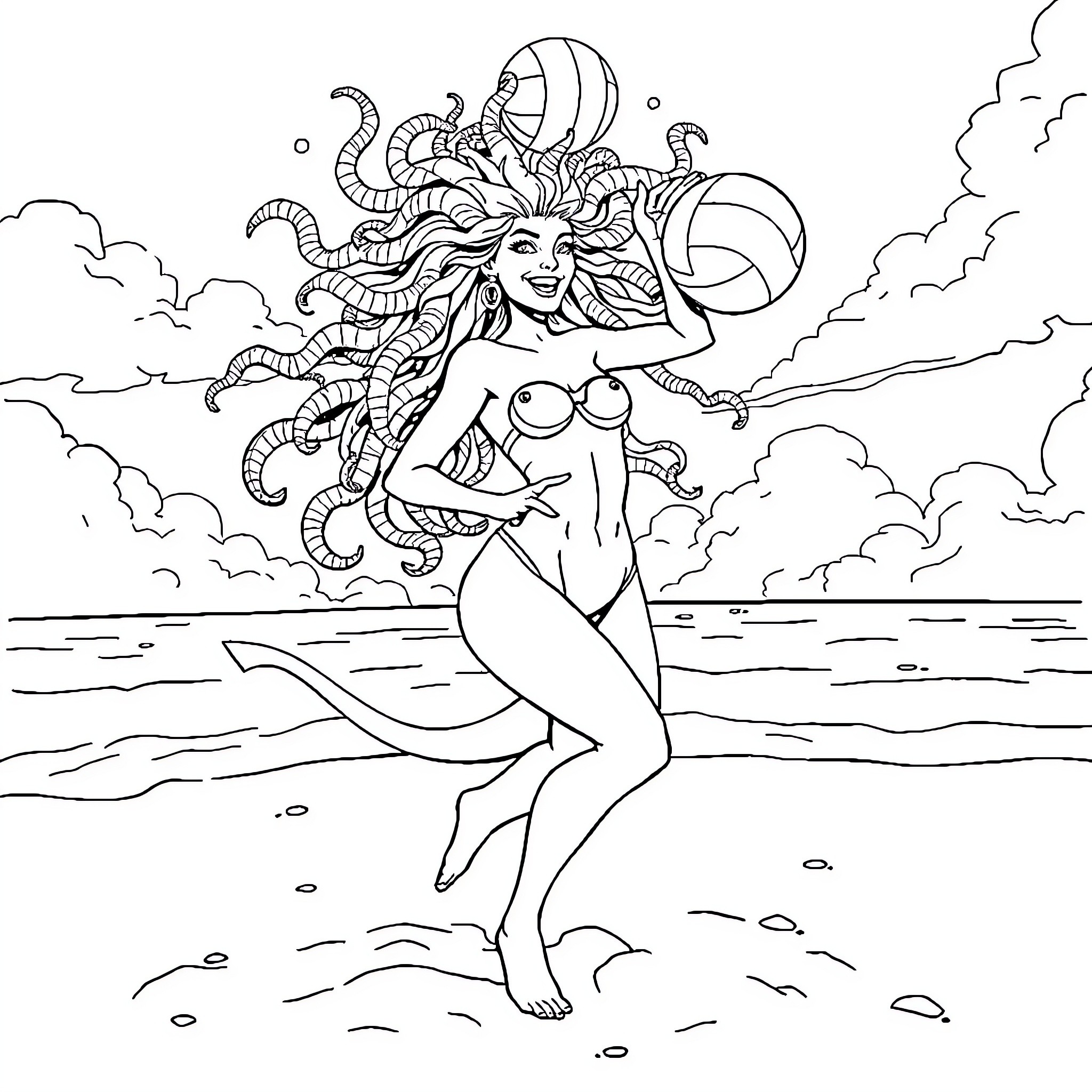 Medusa floating gracefully in the waves Coloring Page (free black-and-white line drawing printable PDF for all, from beginners to advanced learners, including children, teens, adults, and seniors)