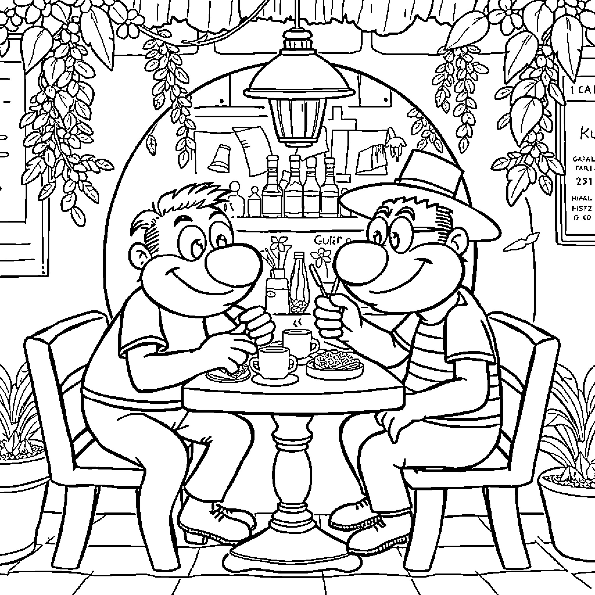 Hermanos Kratt enjoying coffee and conversation in a cozy cafe Coloring Page (free black-and-white line drawing printable PDF for all, from beginners to advanced learners, including children, teens, adults, and seniors)
