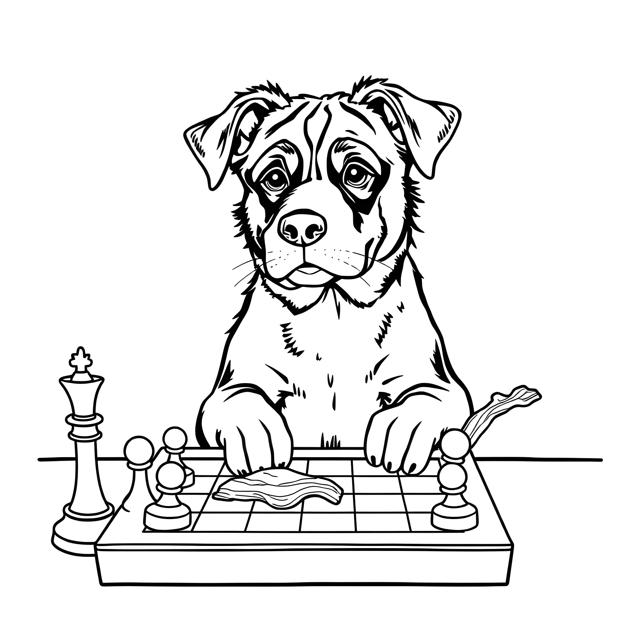 Dog playing chess on a chessboard Coloring Page (free black-and-white line drawing printable PDF for all, from beginners to advanced learners, including children, teens, adults, and seniors)