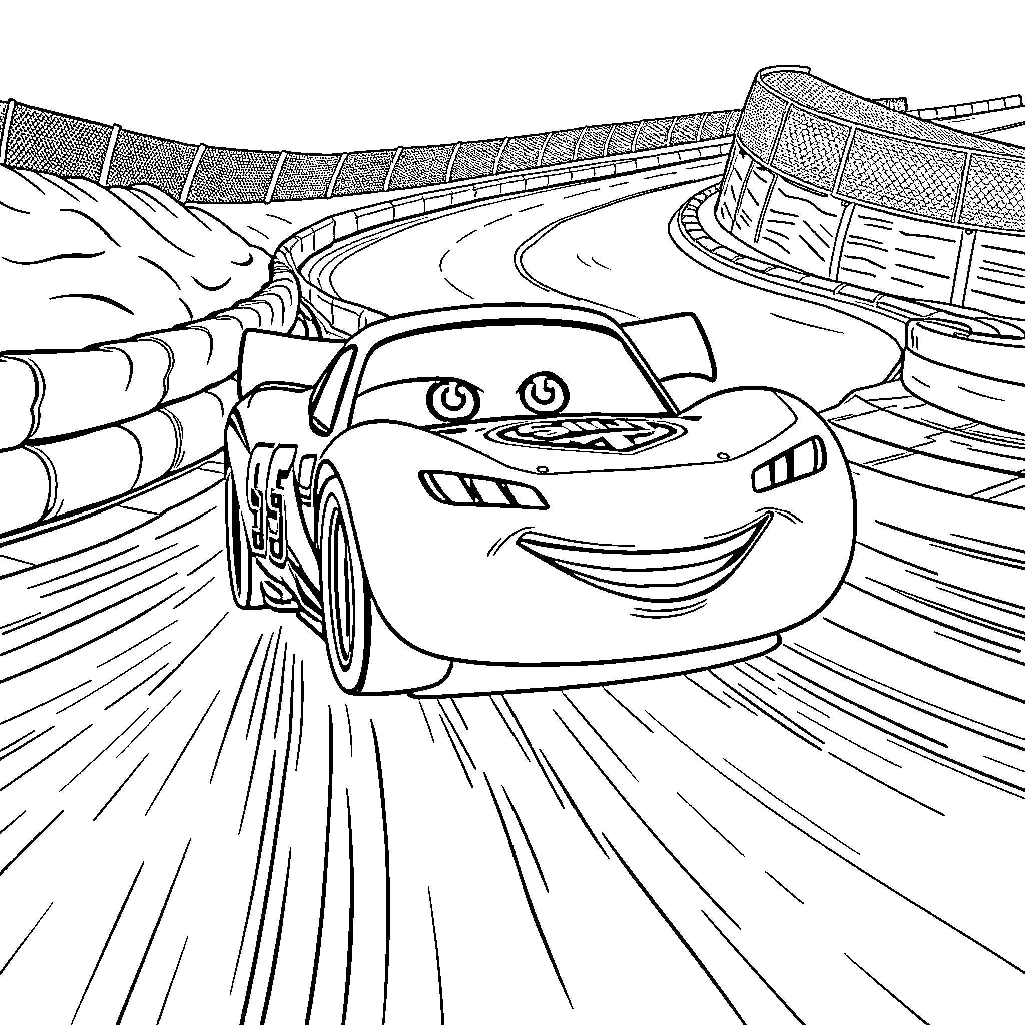 Lightning McQueen racing through the track Coloring Page (free black-and-white line drawing printable PDF for all, from beginners to advanced learners, including children, teens, adults, and seniors)