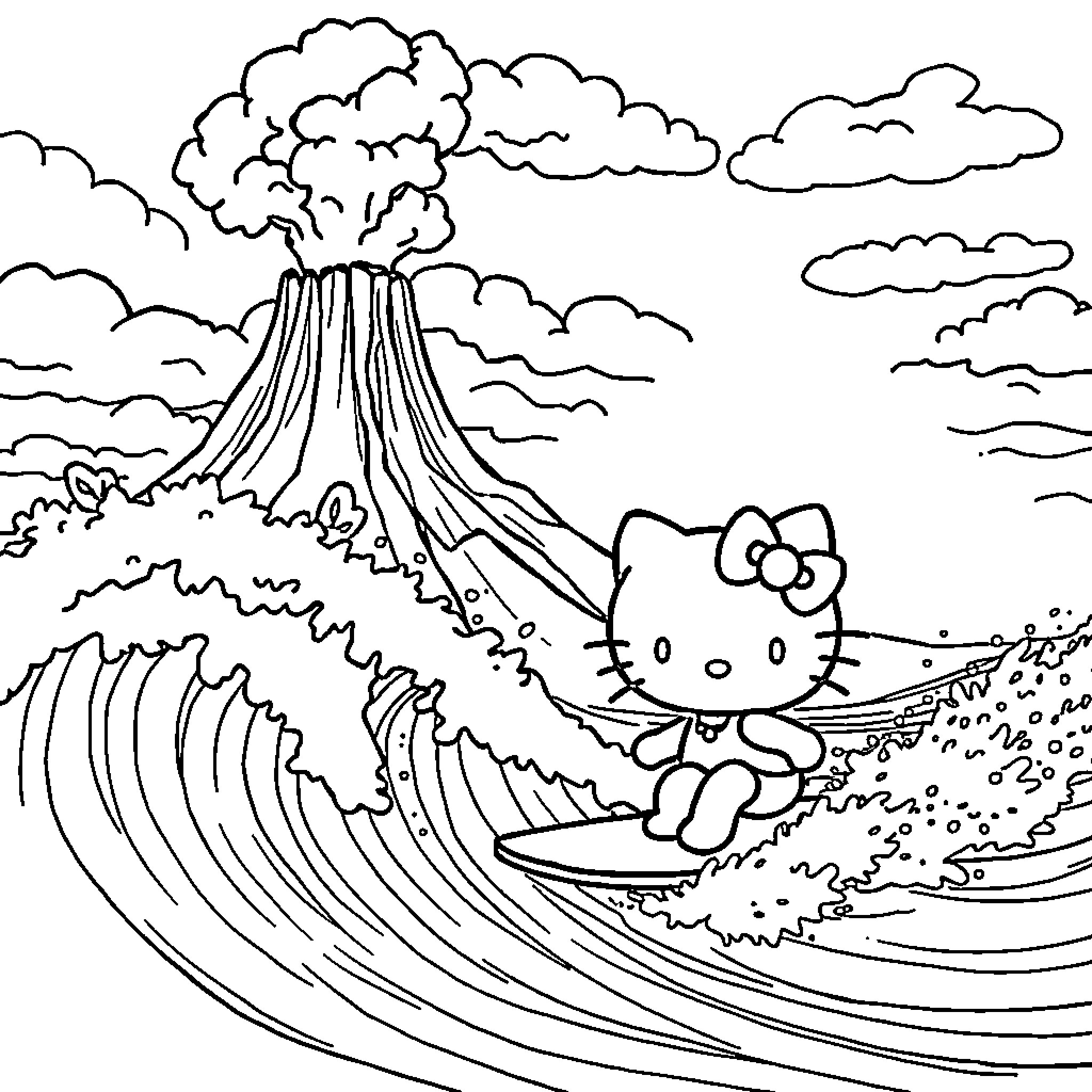 Hello Kitty surfing on a giant wave Coloring Page (free black-and-white line drawing printable PDF for all, from beginners to advanced learners, including children, teens, adults, and seniors)