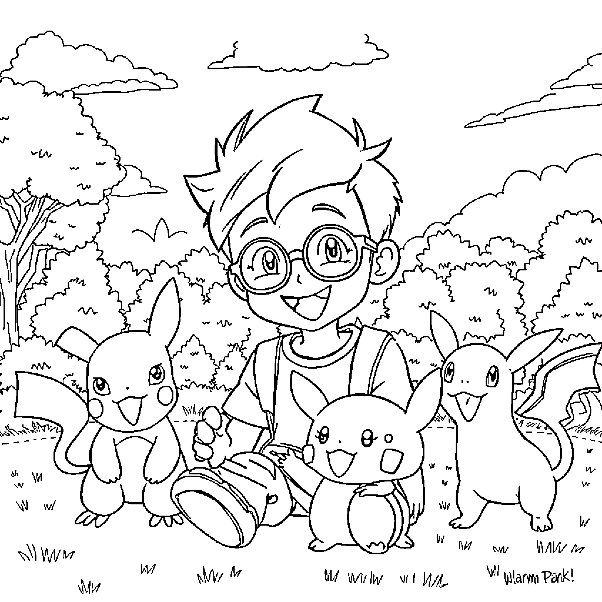 Pokémon Trainer Exploring the Lush Wilderness Coloring Page (free black-and-white line drawing printable PDF for all, from beginners to advanced learners, including children, teens, adults, and seniors)