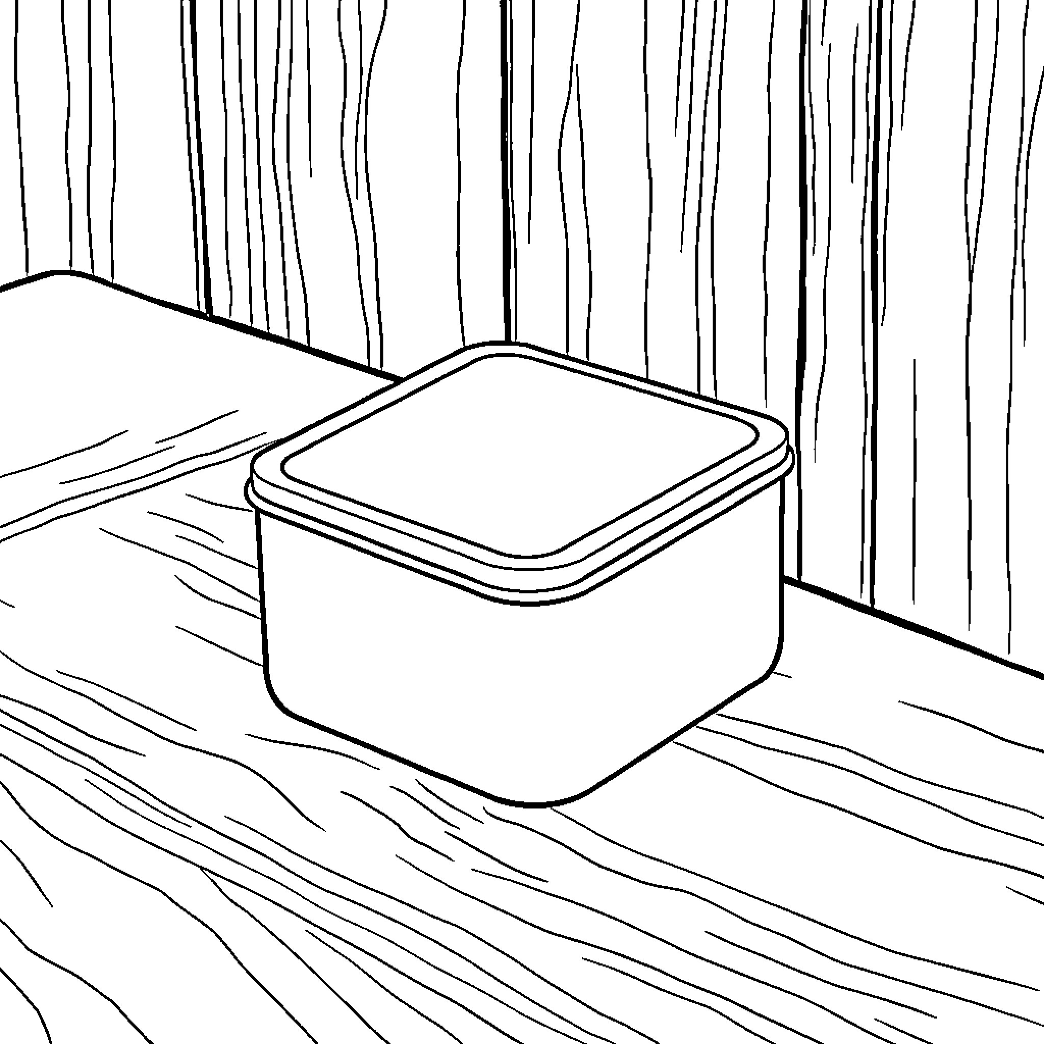 Tin container resting on wooden surface Coloring Page (free black-and-white line drawing printable PDF for all, from beginners to advanced learners, including children, teens, adults, and seniors)