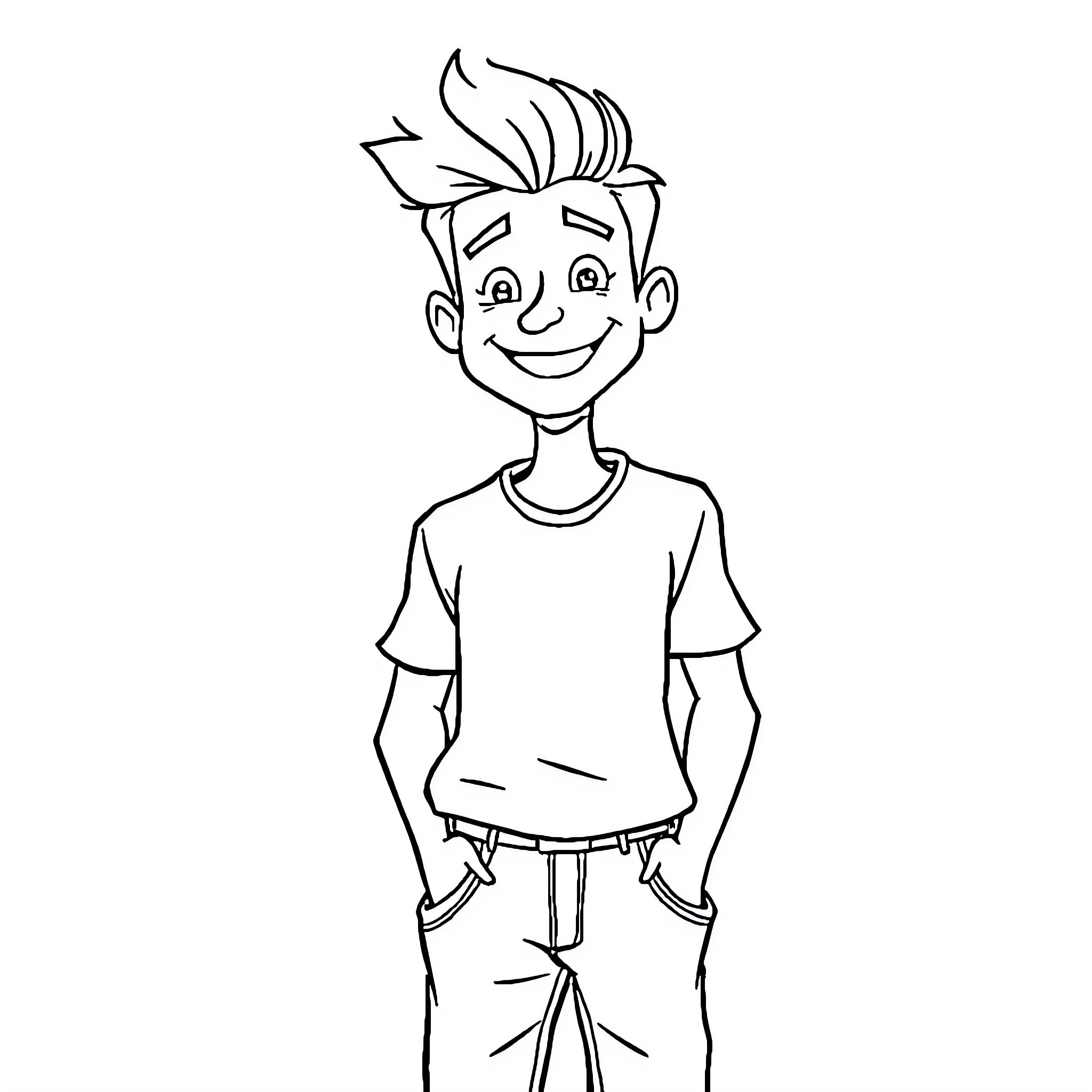 Guy with cheerful expression and casual outfit Coloring Page (free black-and-white line drawing printable PDF for all, from beginners to advanced learners, including children, teens, adults, and seniors)
