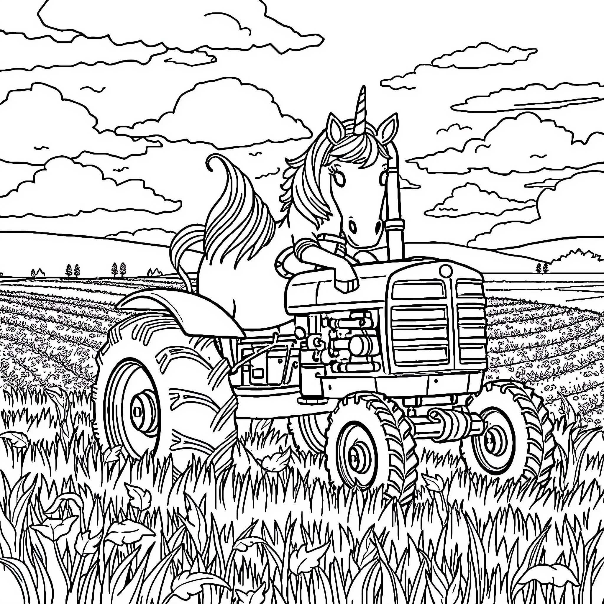 Unicorn riding a tractor in a farmland landscape Coloring Page (free black-and-white line drawing printable PDF for all, from beginners to advanced learners, including children, teens, adults, and seniors)