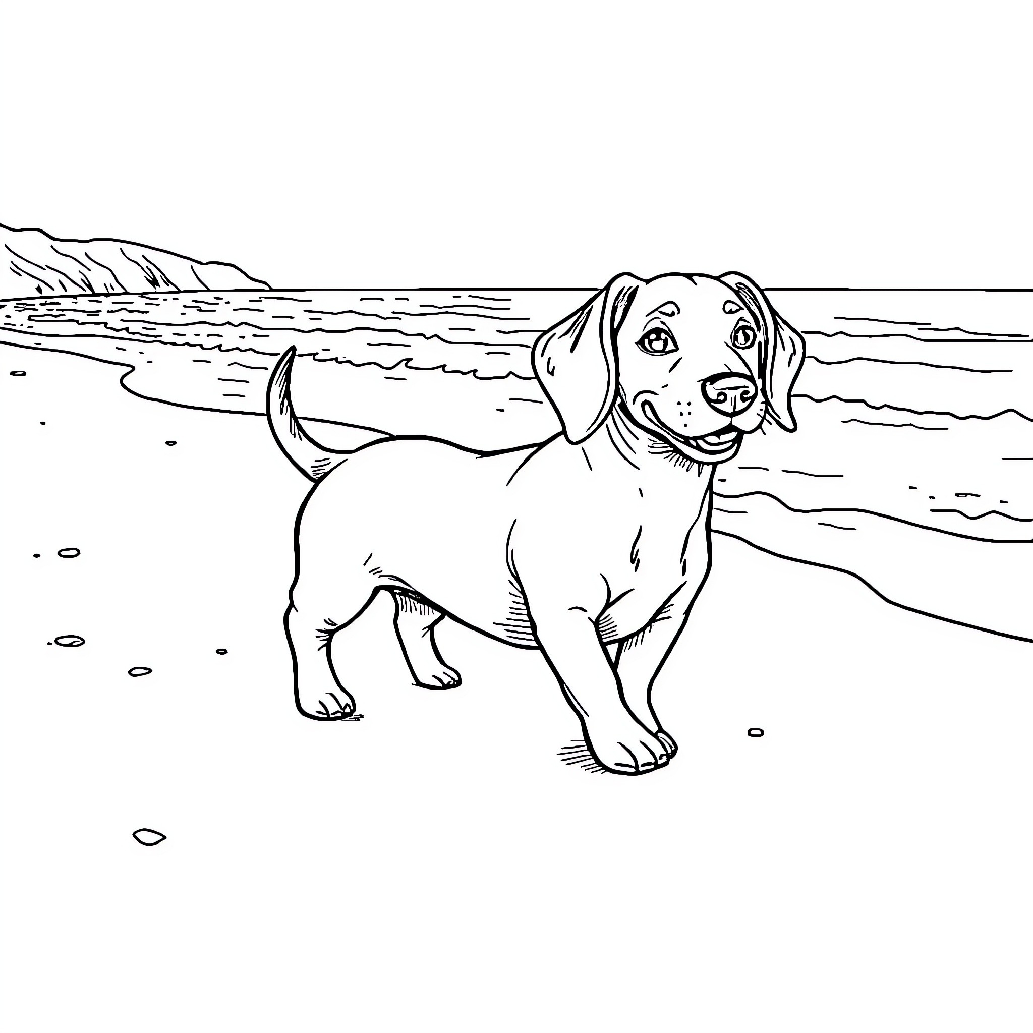Sausage Dog exploring the beach Coloring Page (free black-and-white line drawing printable PDF for all, from beginners to advanced learners, including children, teens, adults, and seniors)