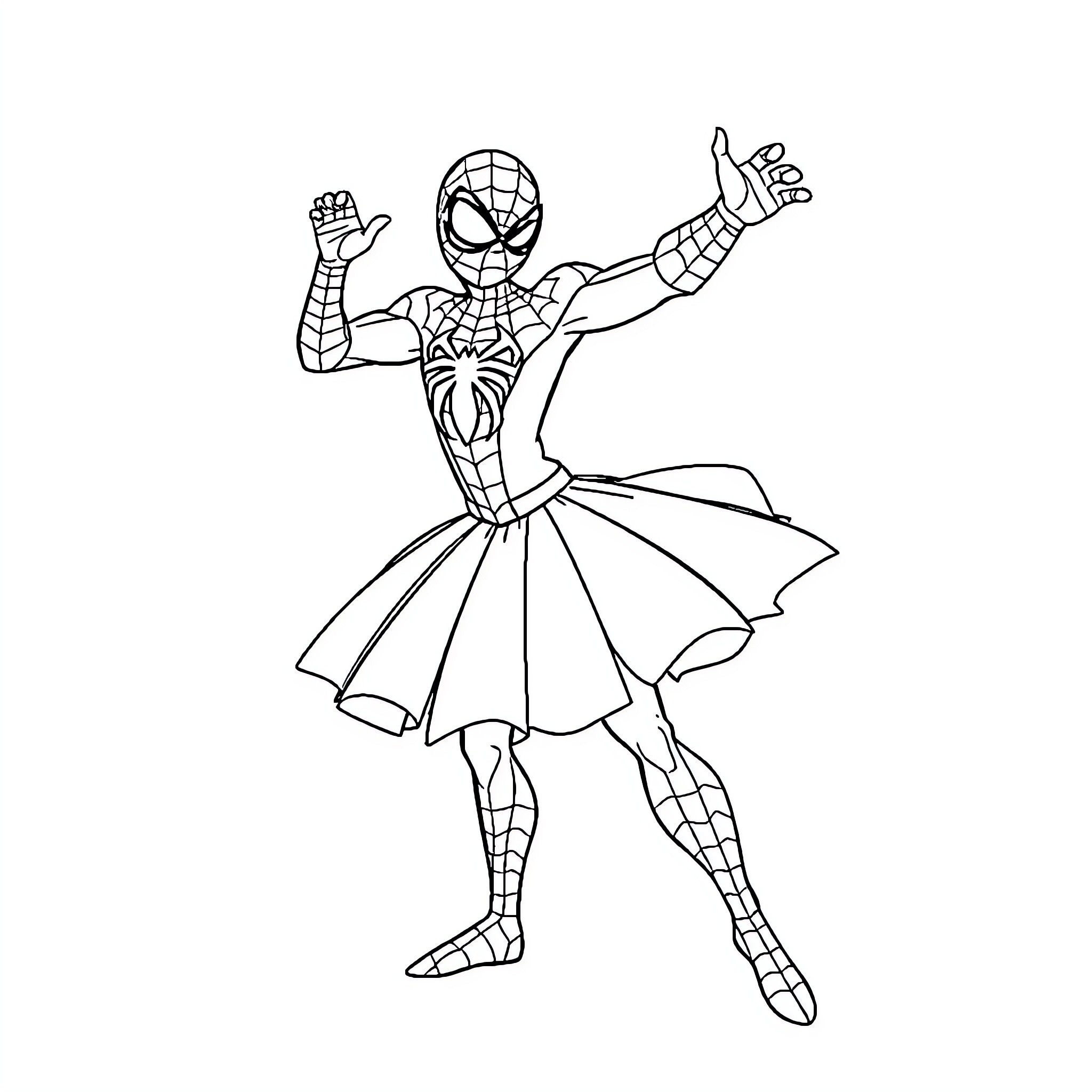 Spiderman in a Graceful Pose Coloring Page (free black-and-white line drawing printable PDF for all, from beginners to advanced learners, including children, teens, adults, and seniors)
