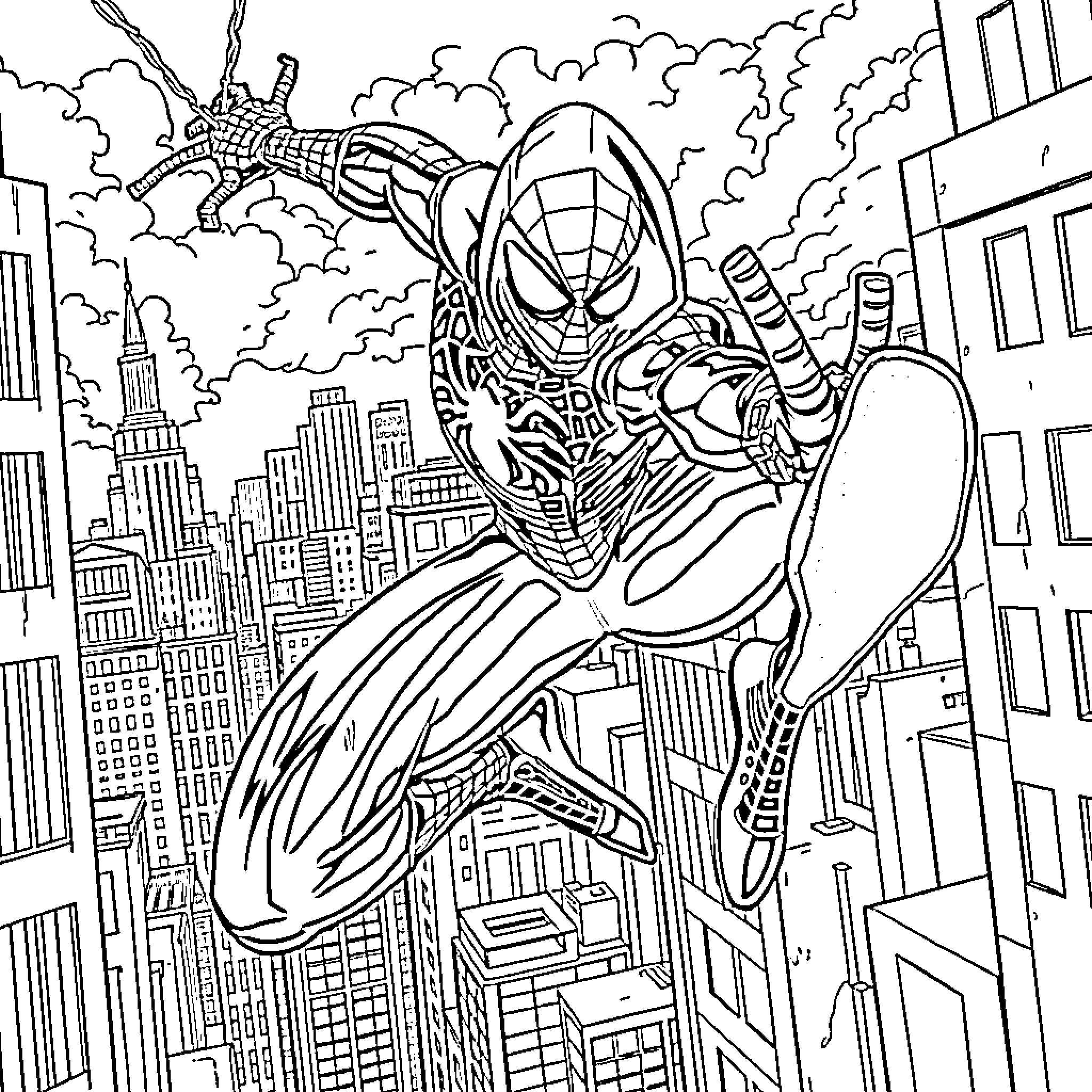 Spiderman swinging through the city skyline Coloring Page (free black-and-white line drawing printable PDF for all, from beginners to advanced learners, including children, teens, adults, and seniors)