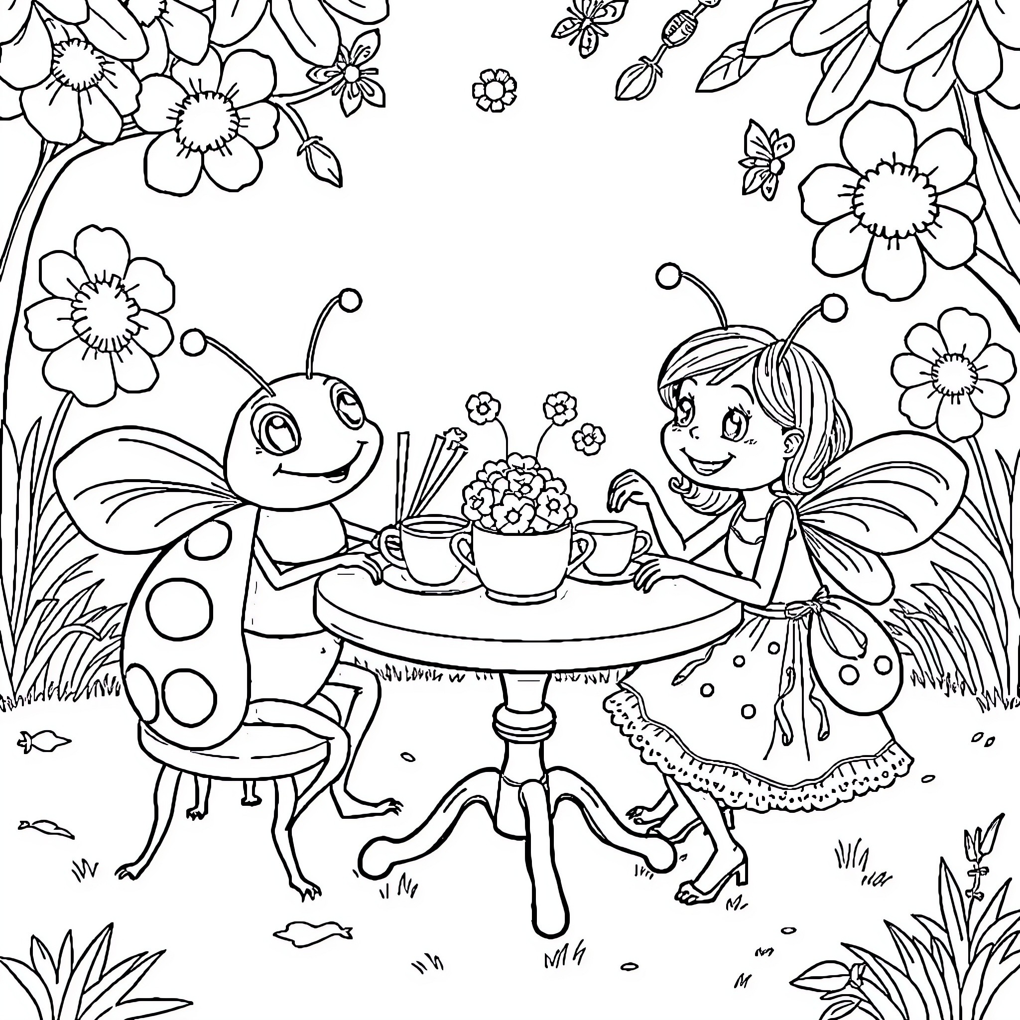Bug friends enjoying a tea party in the garden Coloring Page (free black-and-white line drawing printable PDF for all, from beginners to advanced learners, including children, teens, adults, and seniors)