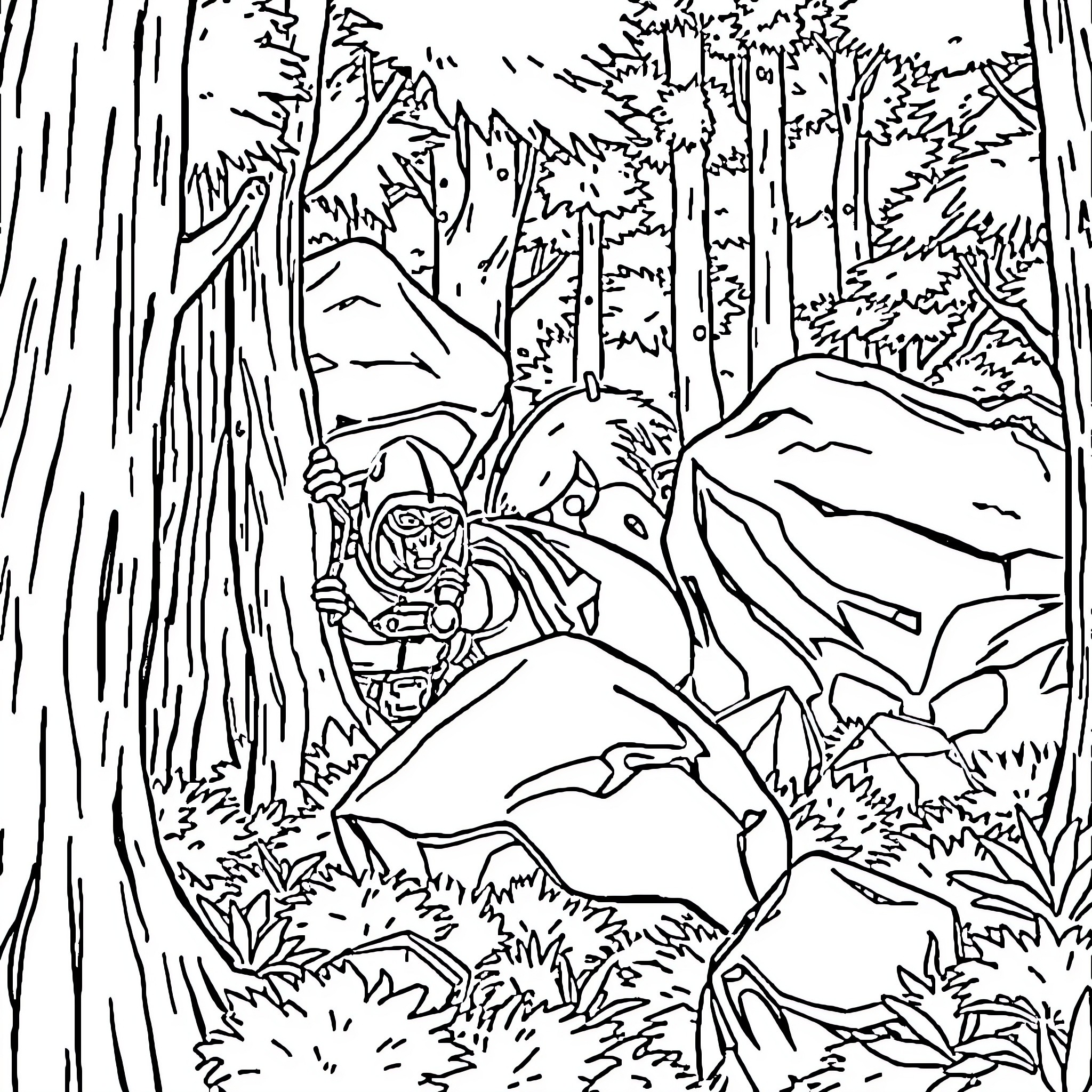 Mortal Kombat Characters in Mysterious Forest Coloring Page (free black-and-white line drawing printable PDF for all, from beginners to advanced learners, including children, teens, adults, and seniors)