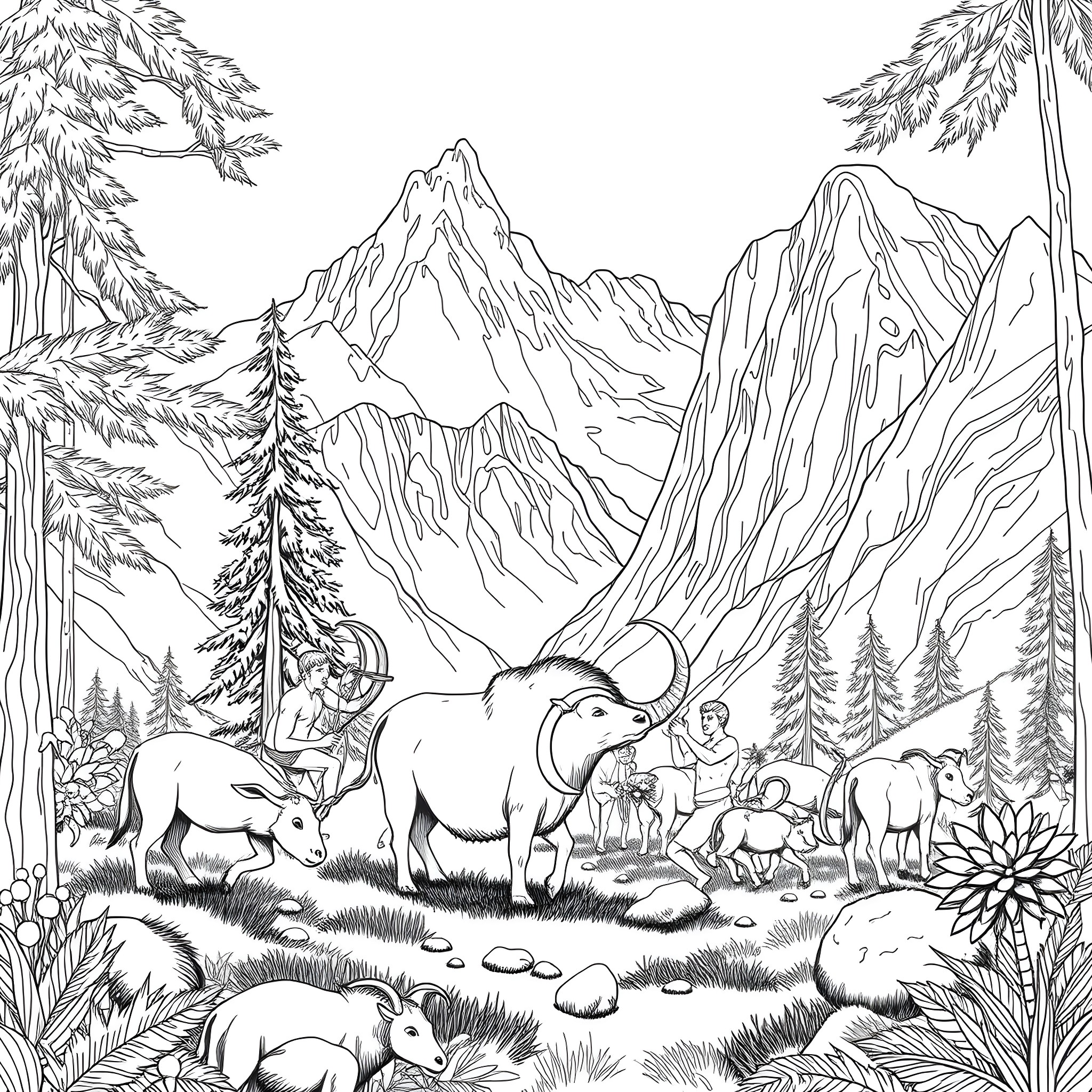 Mammoth Family in the Majestic Mountains Coloring Page (free black-and-white line drawing printable PDF for all, from beginners to advanced learners, including children, teens, adults, and seniors)