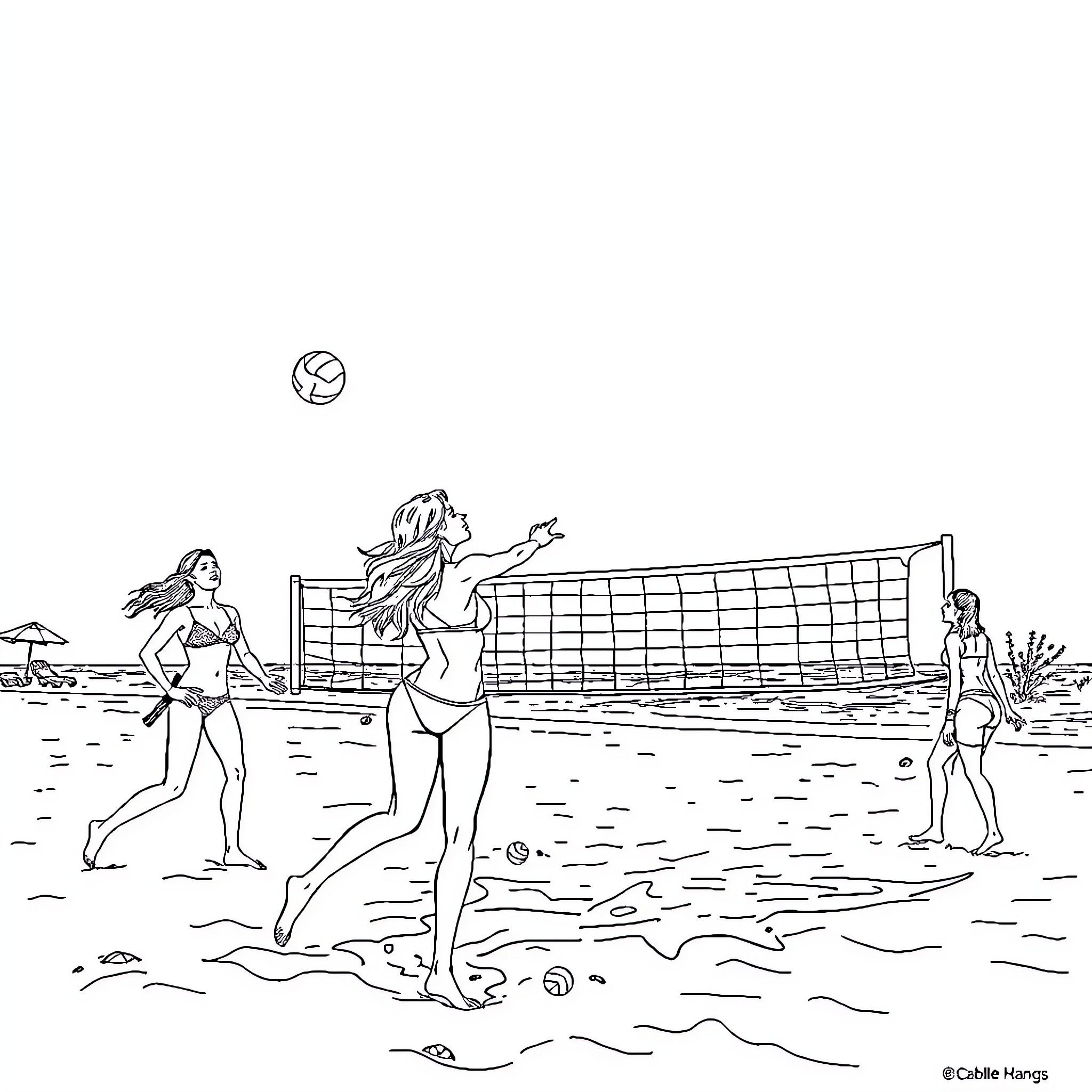 Pamela Anderson plays beach volleyball with friends Coloring Page (free black-and-white line drawing printable PDF for all, from beginners to advanced learners, including children, teens, adults, and seniors)