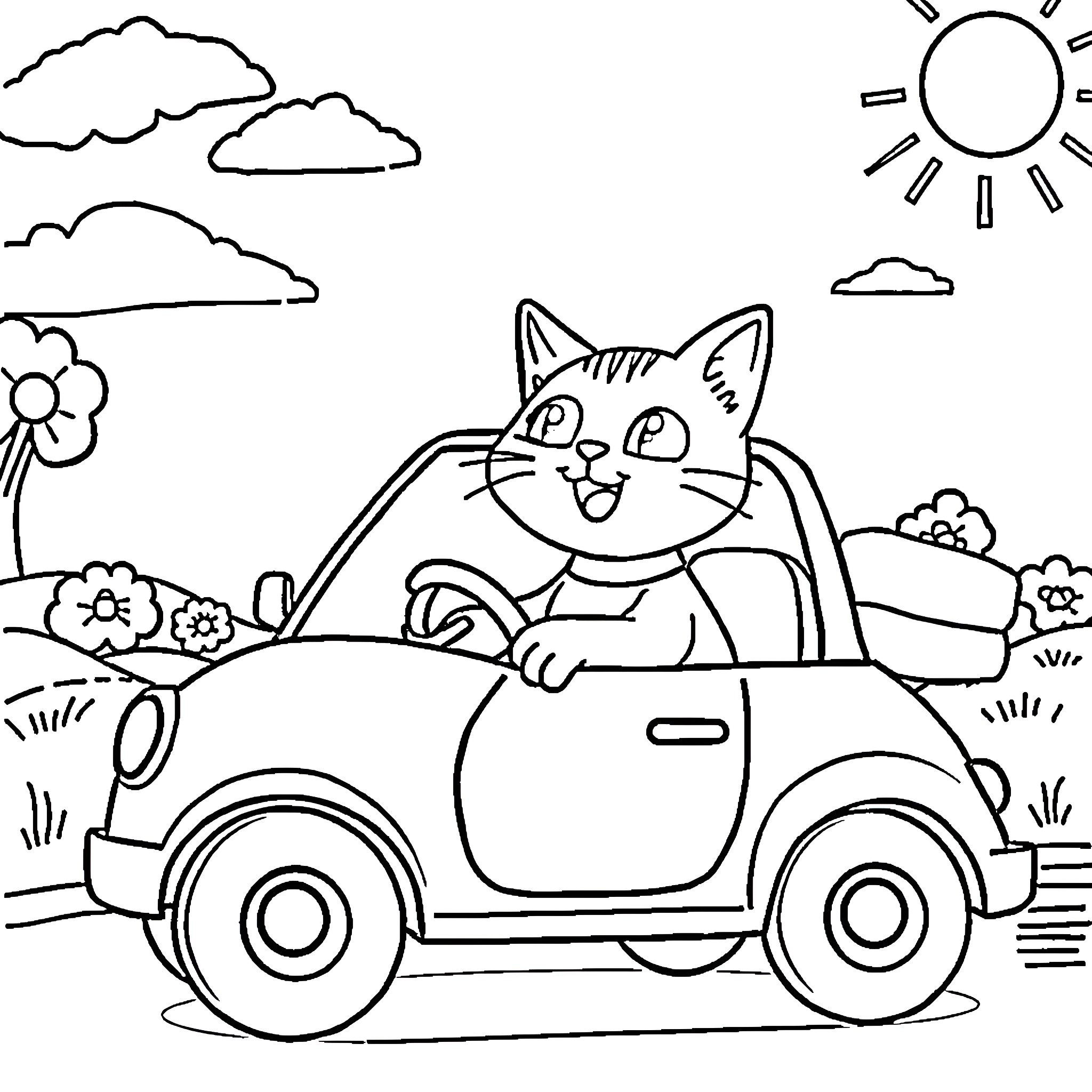 Cat driving a car in the countryside Coloring Page (free black-and-white line drawing printable PDF for all, from beginners to advanced learners, including children, teens, adults, and seniors)