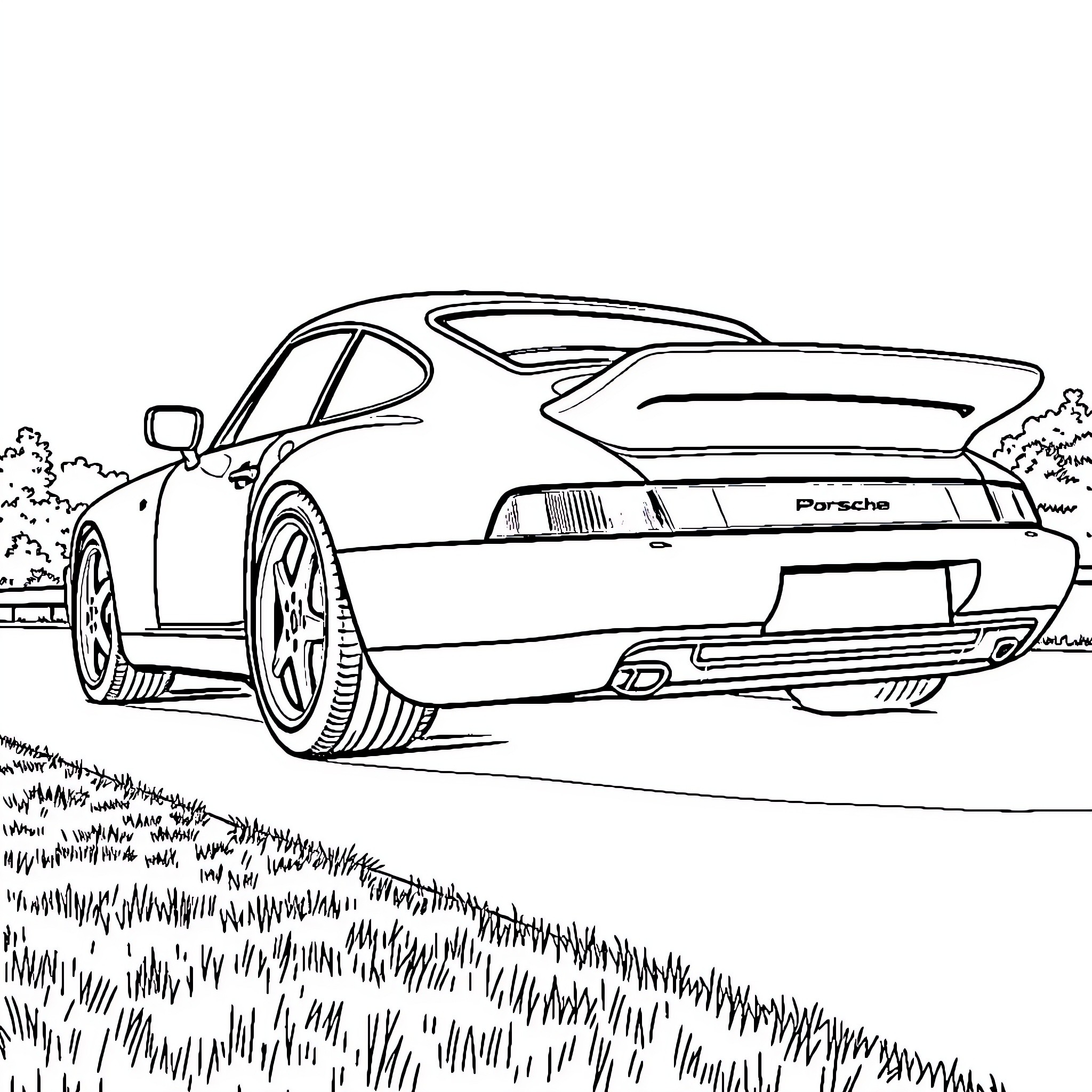 Porsche sports car speeding through countryside Coloring Page (free black-and-white line drawing printable PDF for all, from beginners to advanced learners, including children, teens, adults, and seniors)