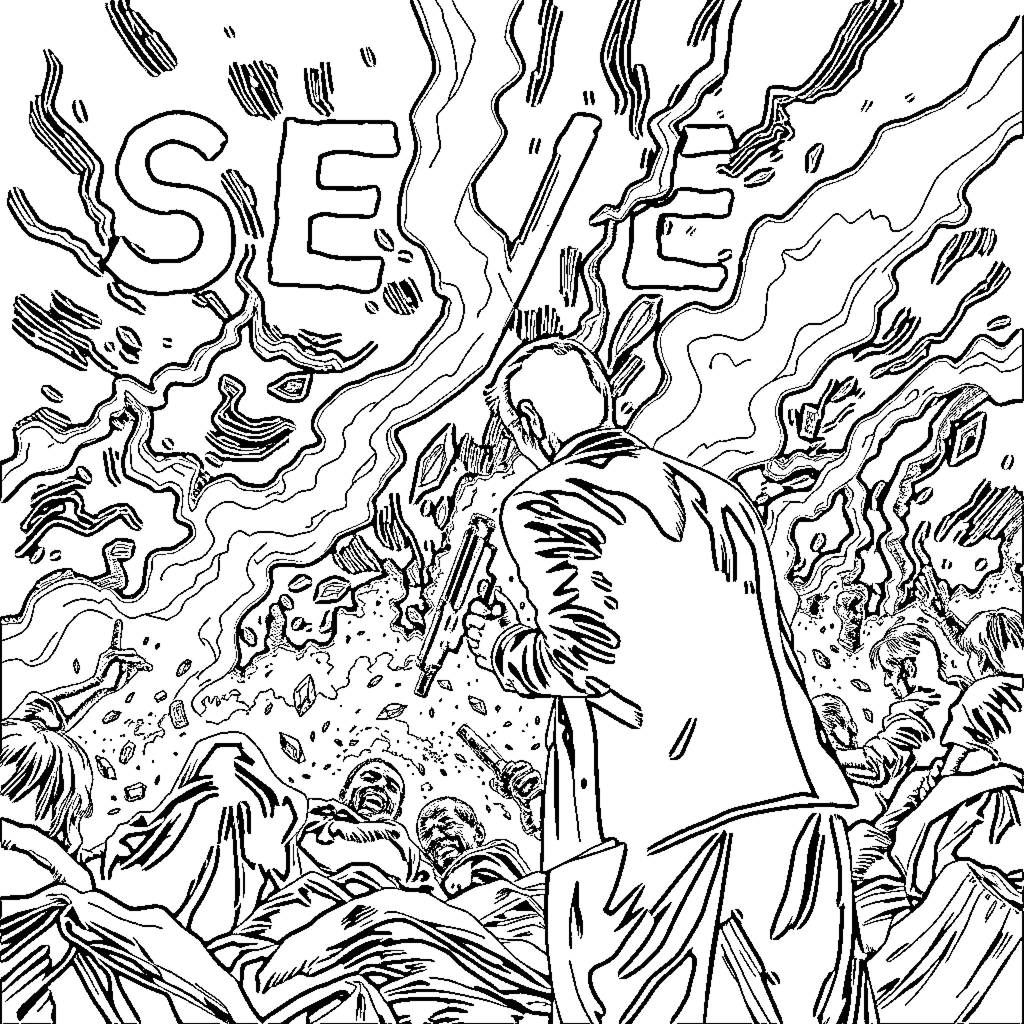 Seven Figures Amid Swirling Abstract Landscape Coloring Page (free black-and-white line drawing printable PDF for all, from beginners to advanced learners, including children, teens, adults, and seniors)