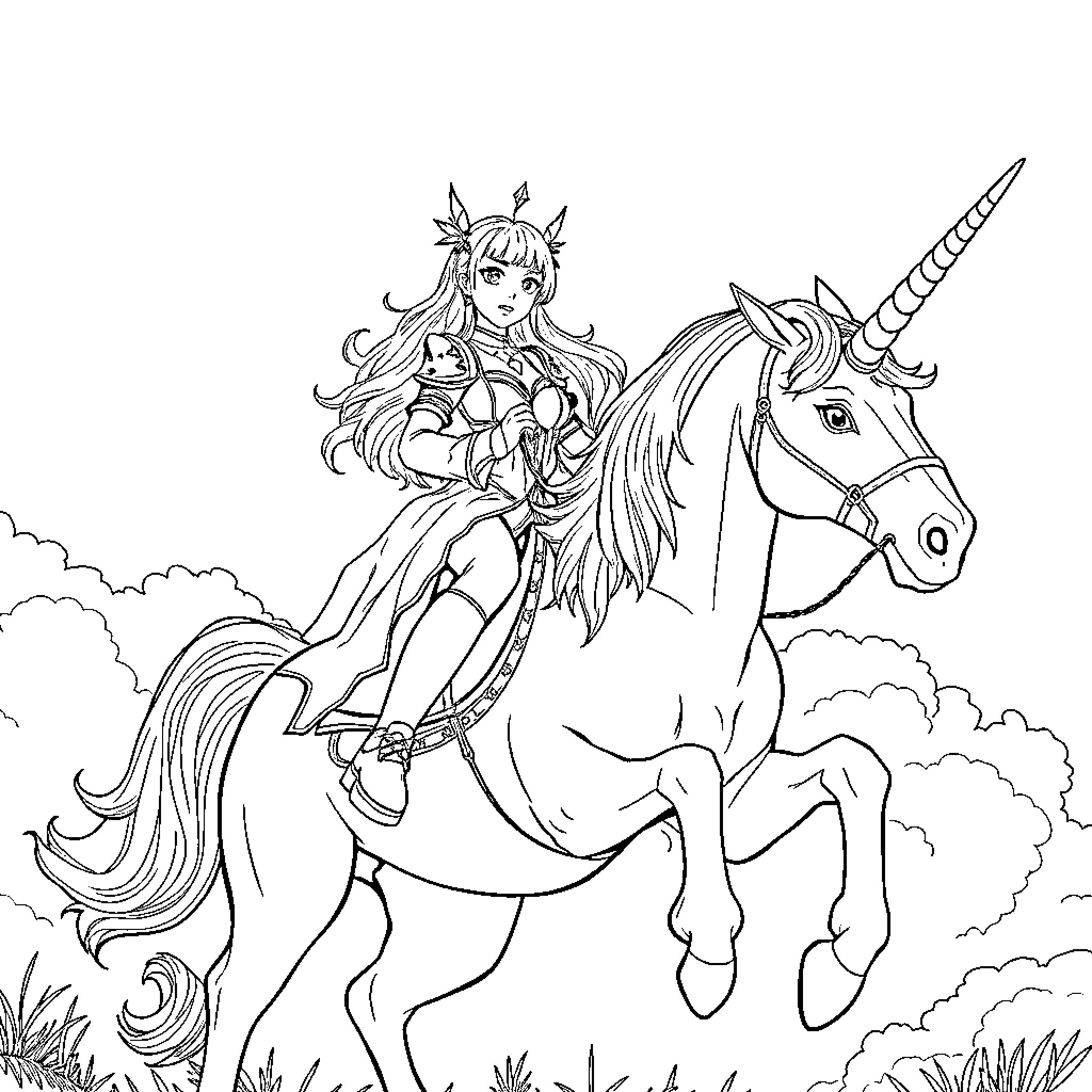 Rumi's Magical Unicorn Adventure Coloring Page (free black-and-white line drawing printable PDF for all, from beginners to advanced learners, including children, teens, adults, and seniors)