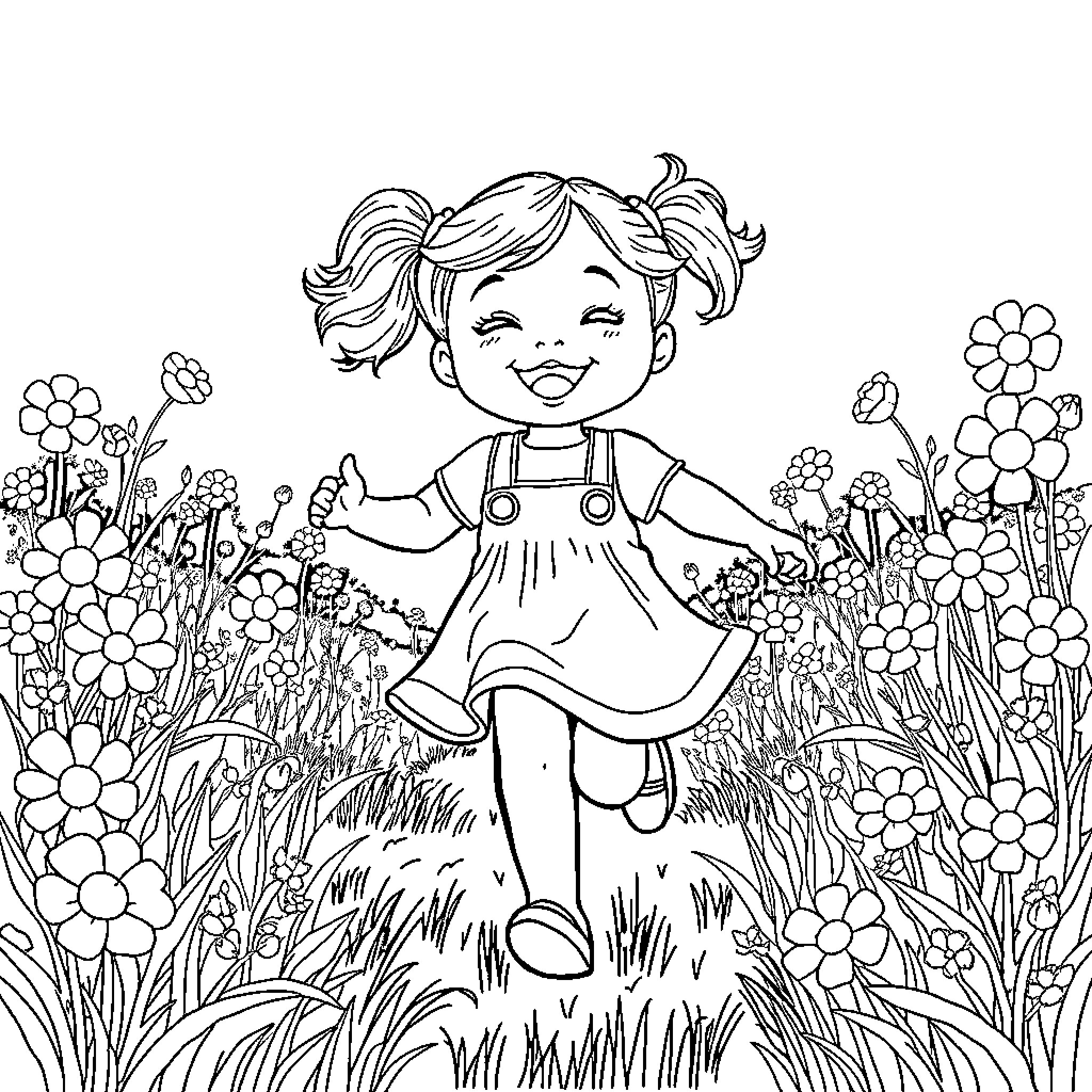 Girl playing cheerfully in a flowery meadow Coloring Page (free black-and-white line drawing printable PDF for all, from beginners to advanced learners, including children, teens, adults, and seniors)