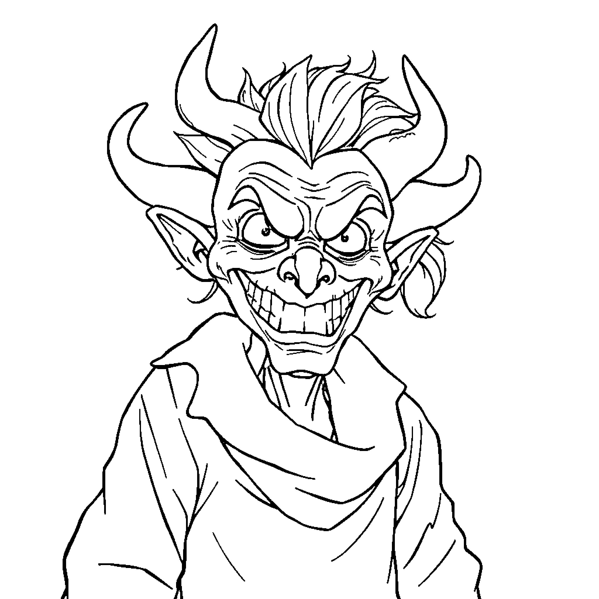 Clown with Mischievous Expression Coloring Page (free black-and-white line drawing printable PDF for all, from beginners to advanced learners, including children, teens, adults, and seniors)