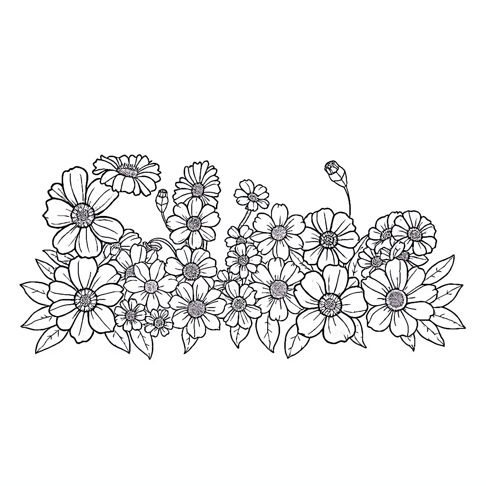 Flower garden with blooming flowers Coloring Page (free black-and-white line drawing printable PDF for all, from beginners to advanced learners, including children, teens, adults, and seniors)