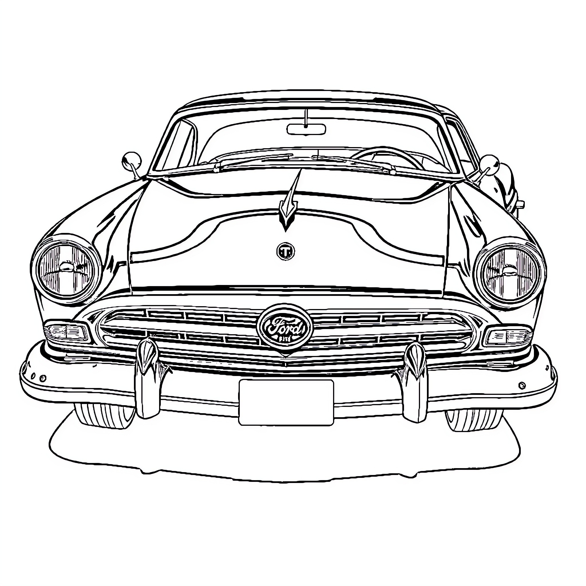 Ford Classic Vintage Car Front View Coloring Page (free black-and-white line drawing printable PDF for all, from beginners to advanced learners, including children, teens, adults, and seniors)