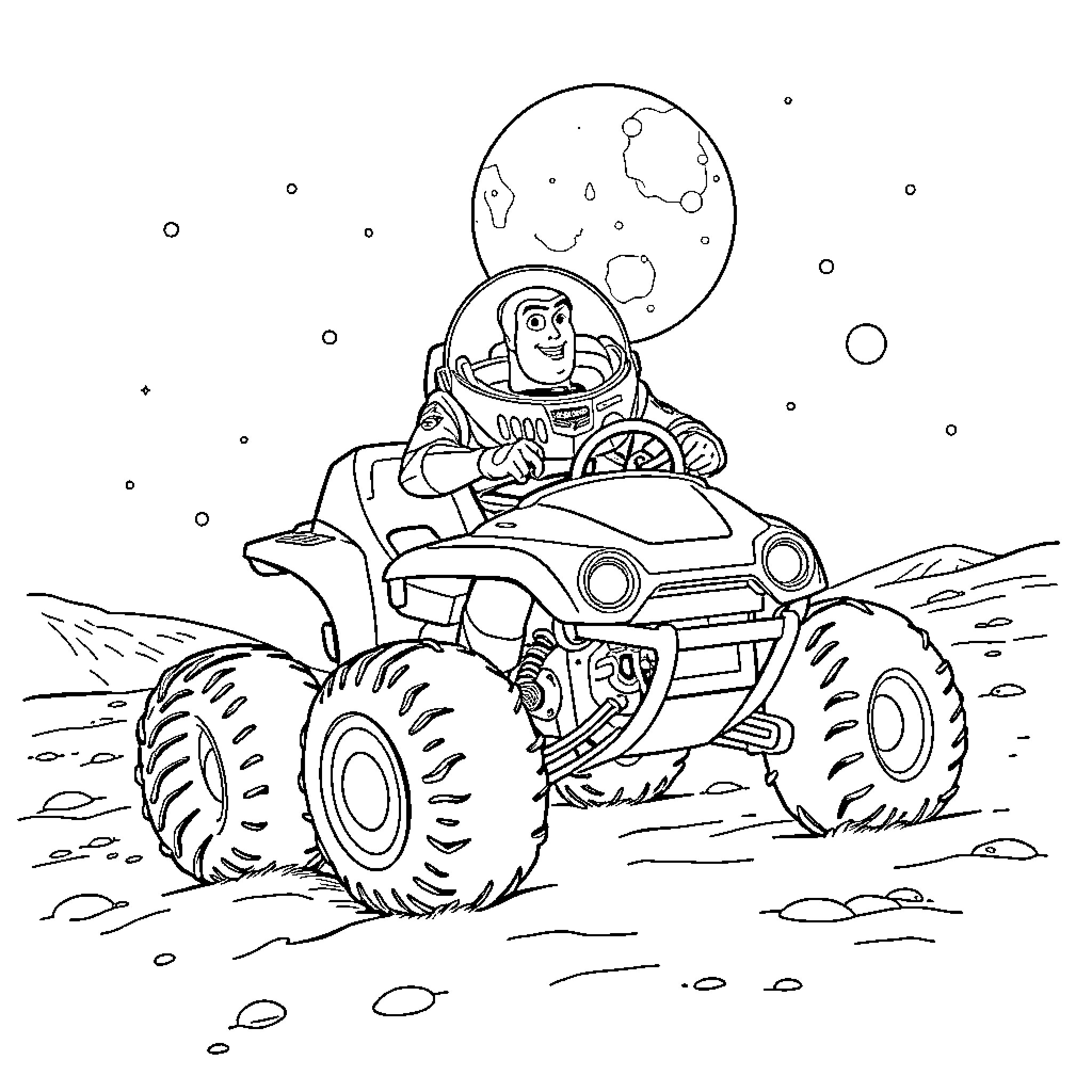 Buzz Lightyear explores the galaxy on a cosmic ATV Coloring Page (free black-and-white line drawing printable PDF for all, from beginners to advanced learners, including children, teens, adults, and seniors)