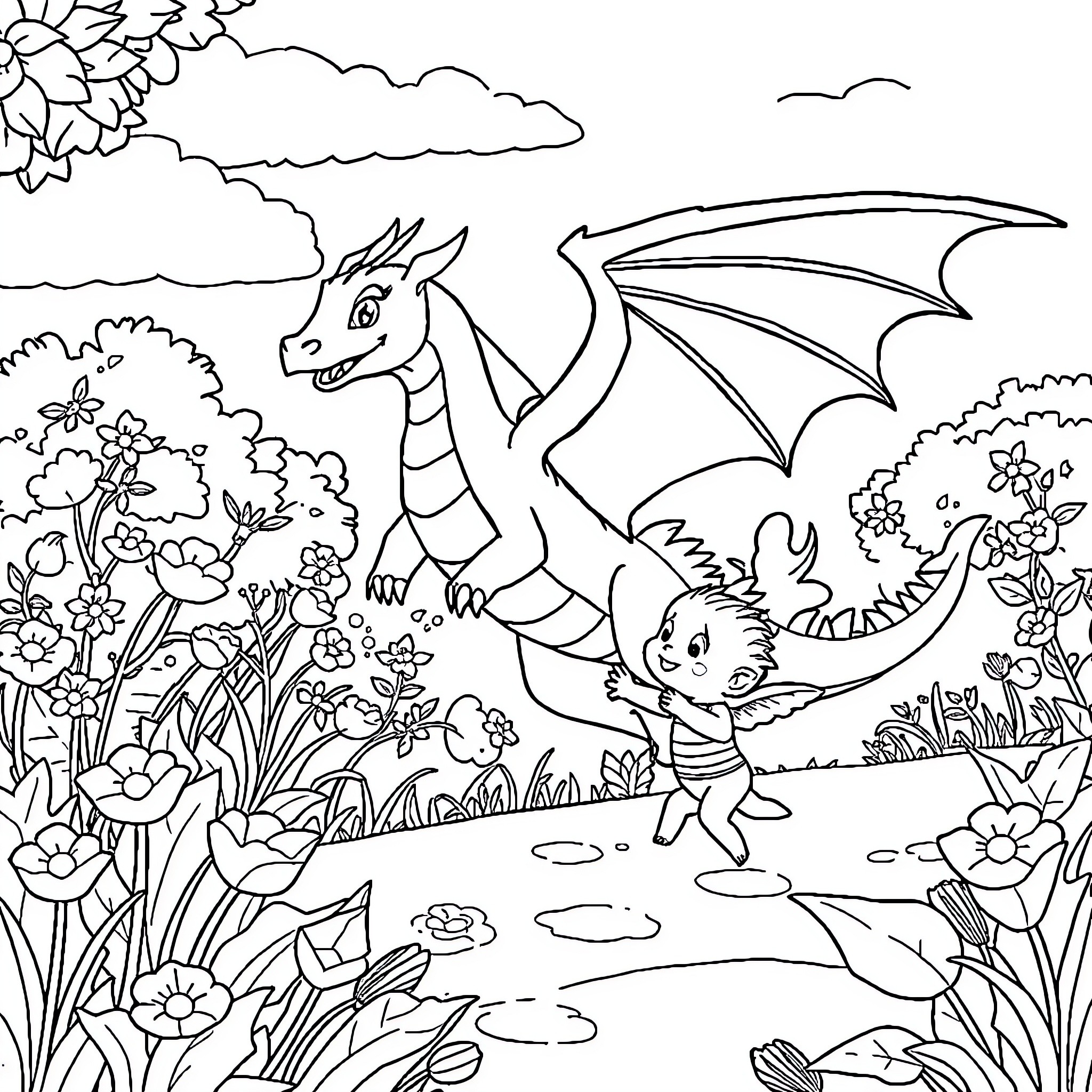 Dragon soaring above a magical fantasy landscape Coloring Page (free black-and-white line drawing printable PDF for all, from beginners to advanced learners, including children, teens, adults, and seniors)