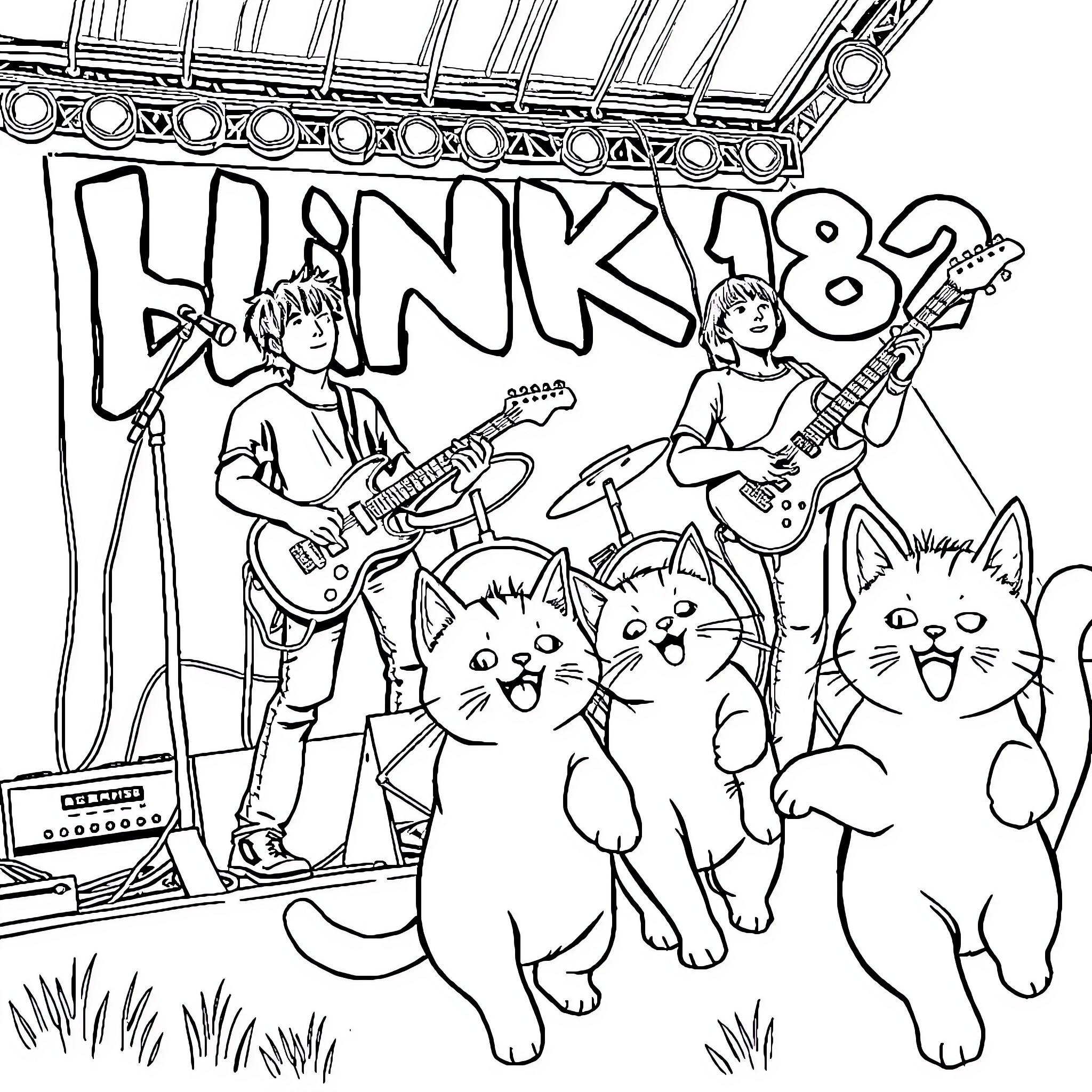Blink 182 band playing with cats on stage Coloring Page (free black-and-white line drawing printable PDF for all, from beginners to advanced learners, including children, teens, adults, and seniors)