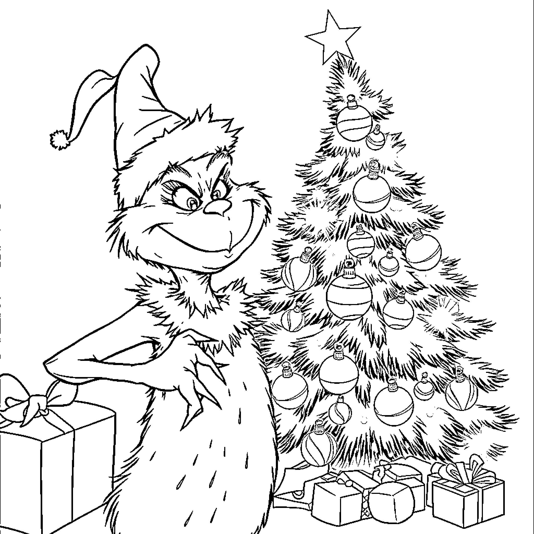 Grinch decorating Christmas tree with gifts Coloring Page (free black-and-white line drawing printable PDF for all, from beginners to advanced learners, including children, teens, adults, and seniors)