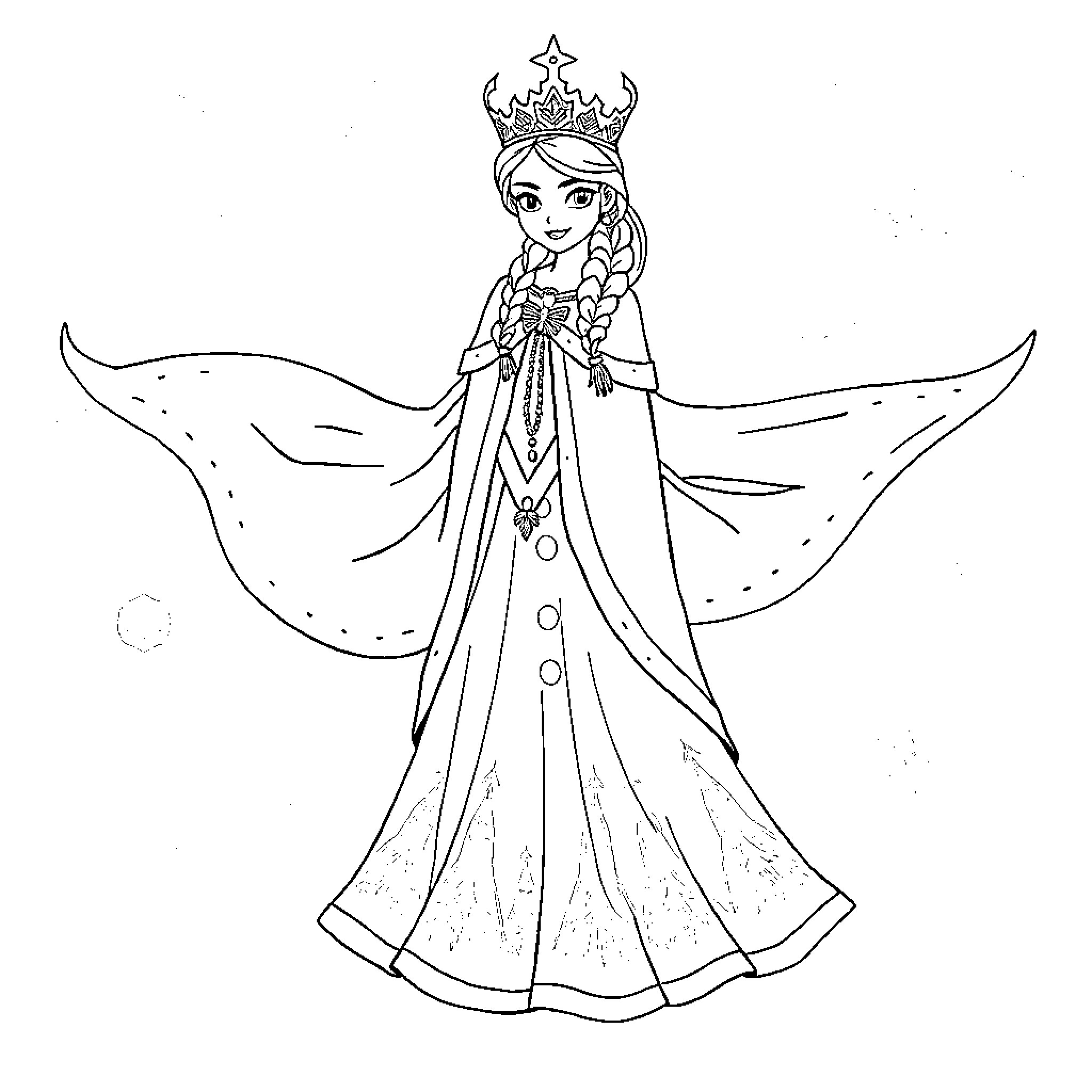 Snow Queen in Elegant Wintery Attire Coloring Page (free black-and-white line drawing printable PDF for all, from beginners to advanced learners, including children, teens, adults, and seniors)