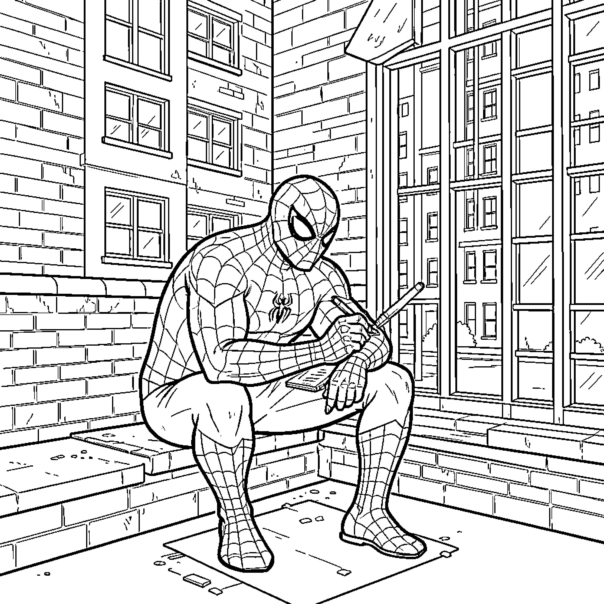 Spider-Man sitting quietly on a ledge overlooking the city Coloring Page (free black-and-white line drawing printable PDF for all, from beginners to advanced learners, including children, teens, adults, and seniors)