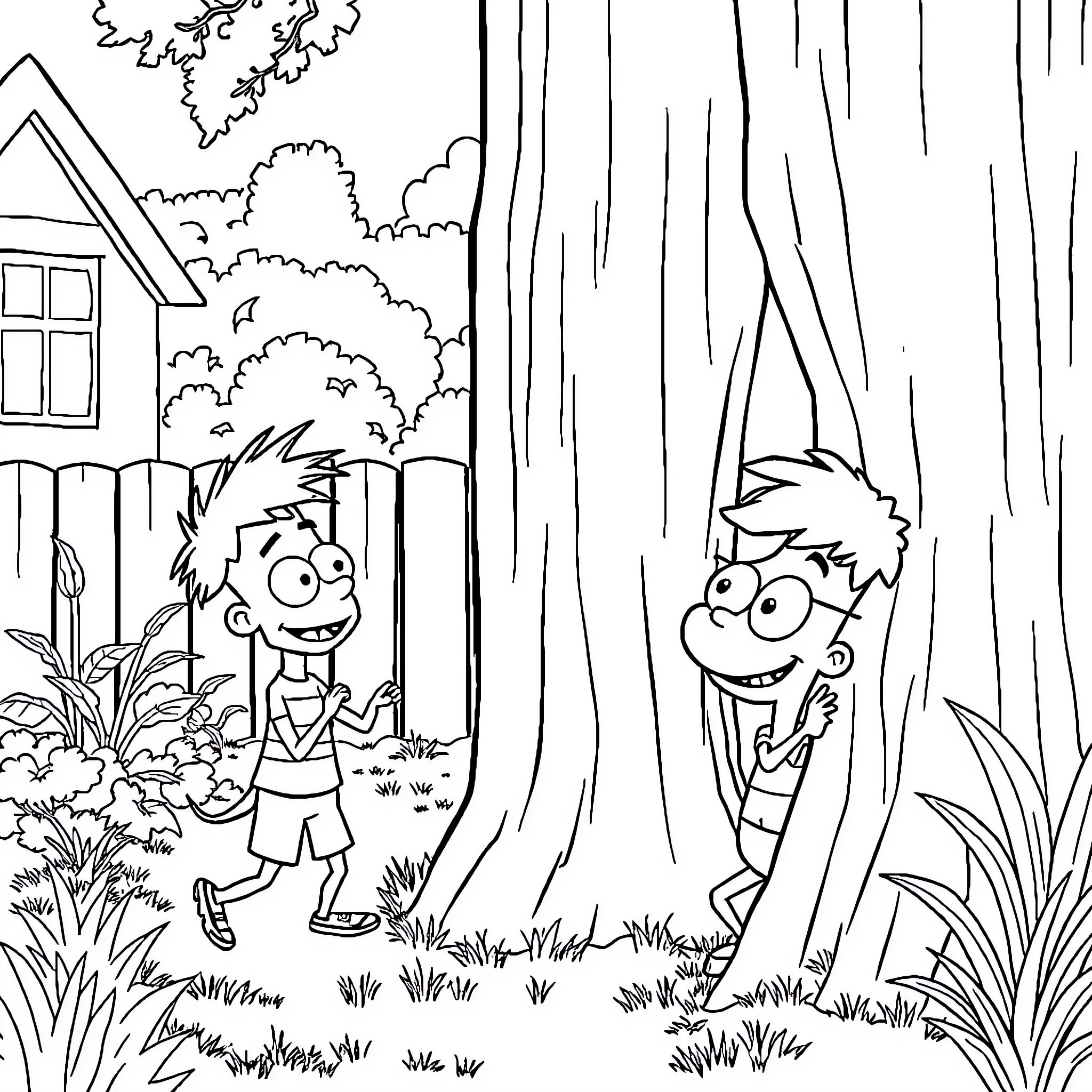 Phineas and Ferb exploring the forest near their home Coloring Page (free black-and-white line drawing printable PDF for all, from beginners to advanced learners, including children, teens, adults, and seniors)