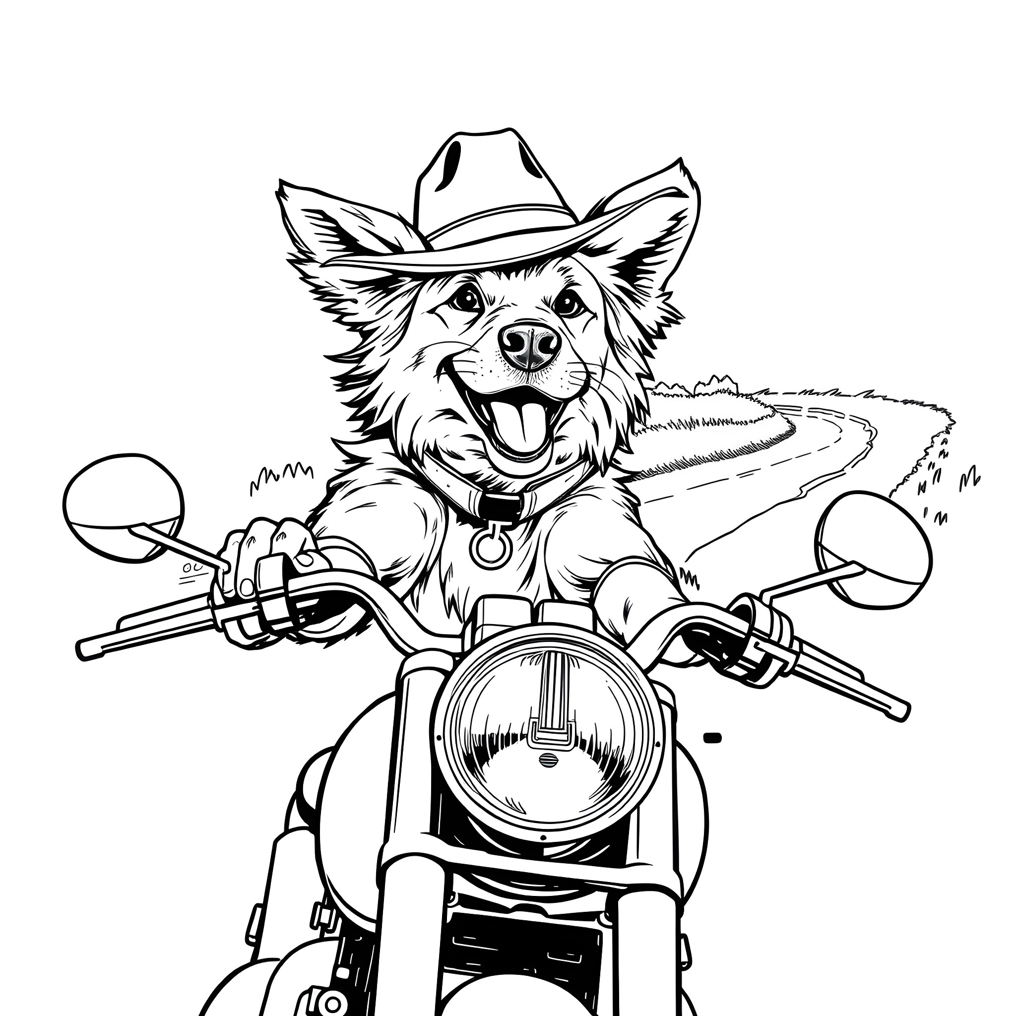 Dog riding motorcycle with cowboy hat Coloring Page (free black-and-white line drawing printable PDF for all, from beginners to advanced learners, including children, teens, adults, and seniors)