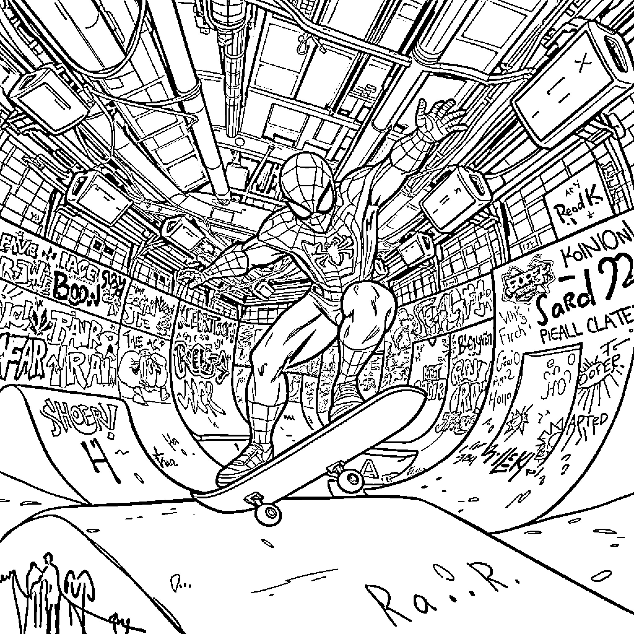 Spiderman swinging through the busy city streets Coloring Page (free black-and-white line drawing printable PDF for all, from beginners to advanced learners, including children, teens, adults, and seniors)
