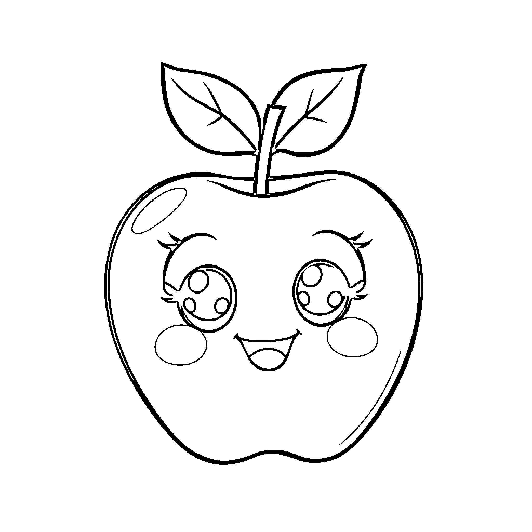 Apple with Cheerful Expression Coloring Page (free black-and-white line drawing printable PDF for all, from beginners to advanced learners, including children, teens, adults, and seniors)