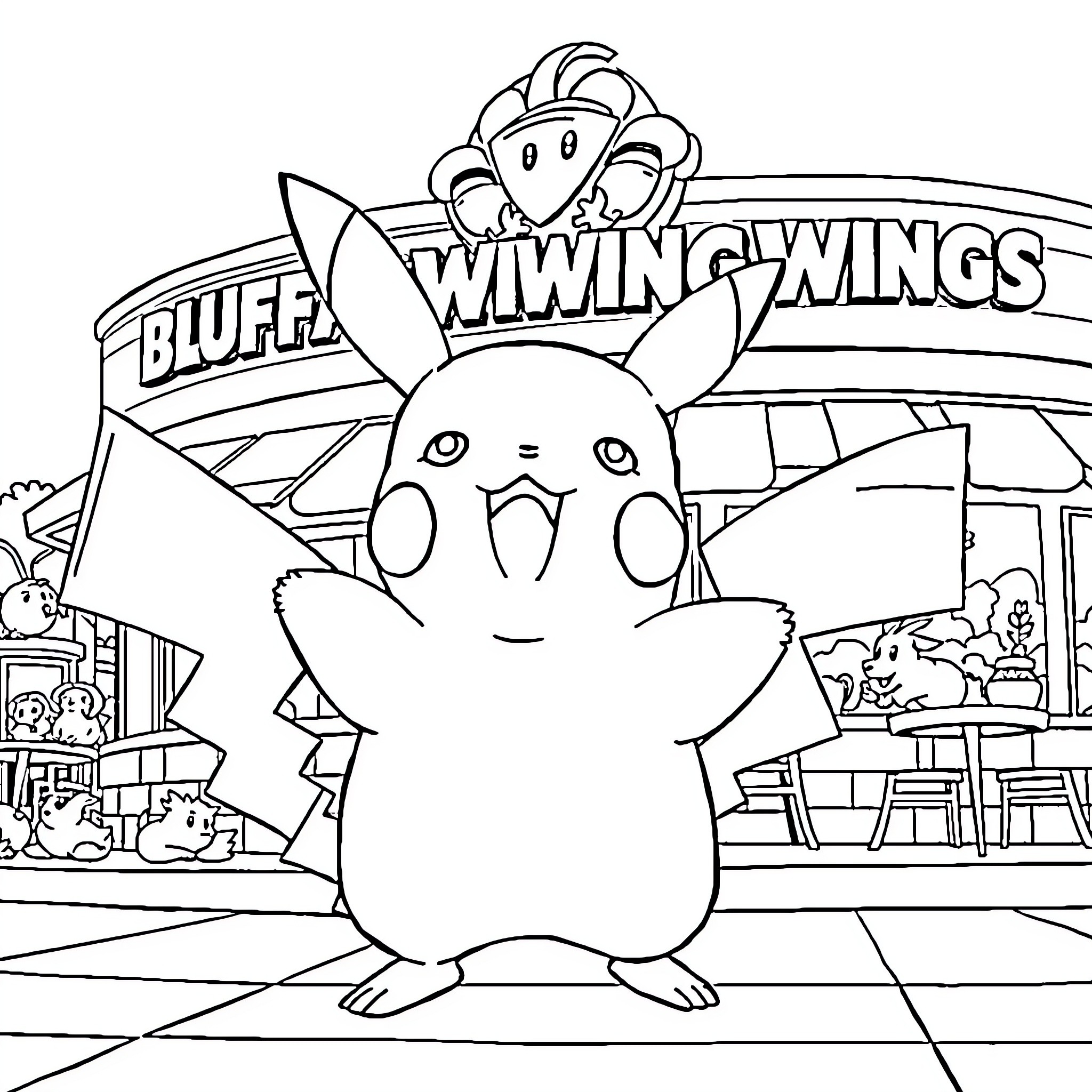 Pikachu explores the Bluffwing Wings amusement park Coloring Page (free black-and-white line drawing printable PDF for all, from beginners to advanced learners, including children, teens, adults, and seniors)