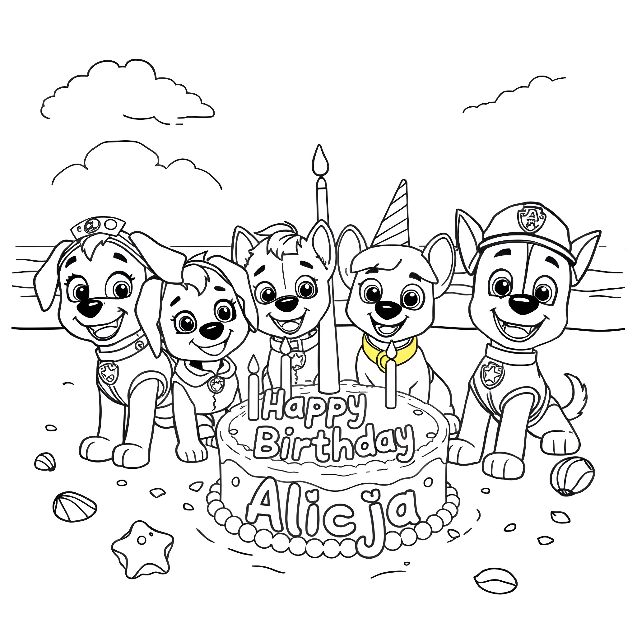 Paw Patrol Celebrates Alicja's Birthday with Cake and Balloons Coloring Page (free black-and-white line drawing printable PDF for all, from beginners to advanced learners, including children, teens, adults, and seniors)