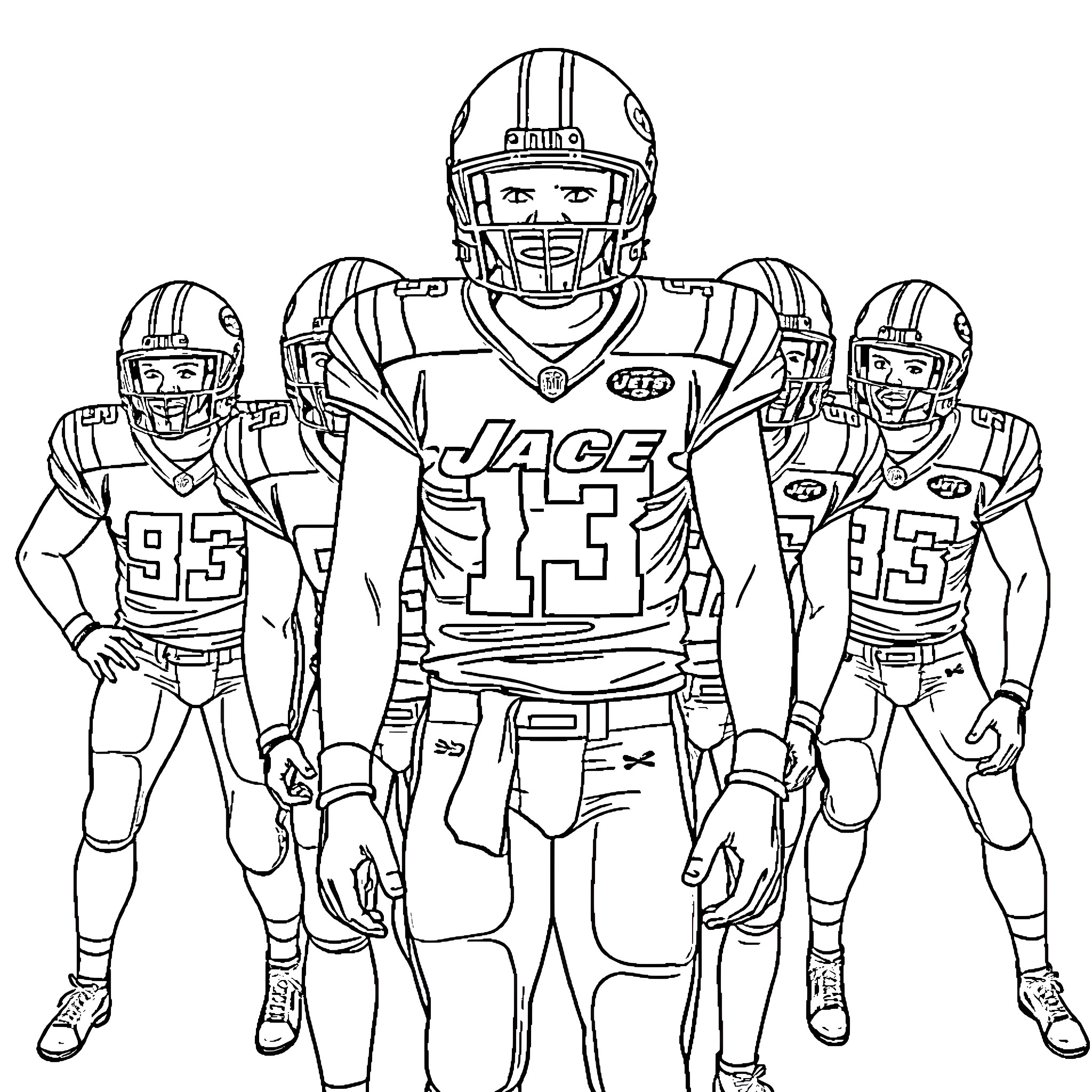 New York Jets football players in uniform Coloring Page (free black-and-white line drawing printable PDF for all, from beginners to advanced learners, including children, teens, adults, and seniors)