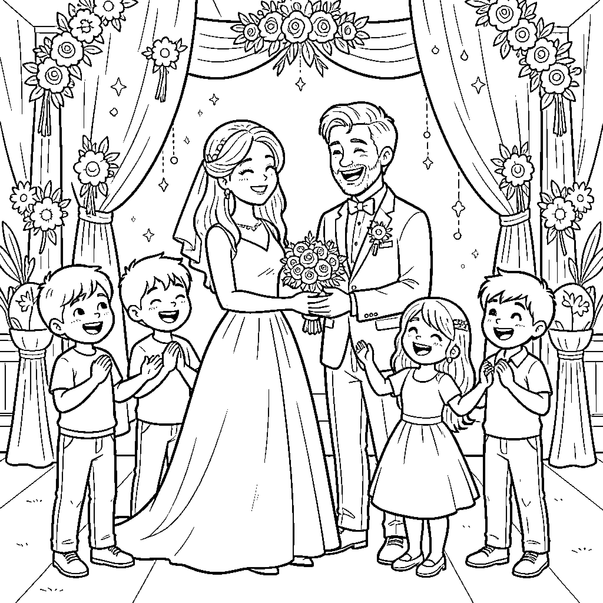 Couple celebrating their wedding surrounded by joyful children Coloring Page (free black-and-white line drawing printable PDF for all, from beginners to advanced learners, including children, teens, adults, and seniors)