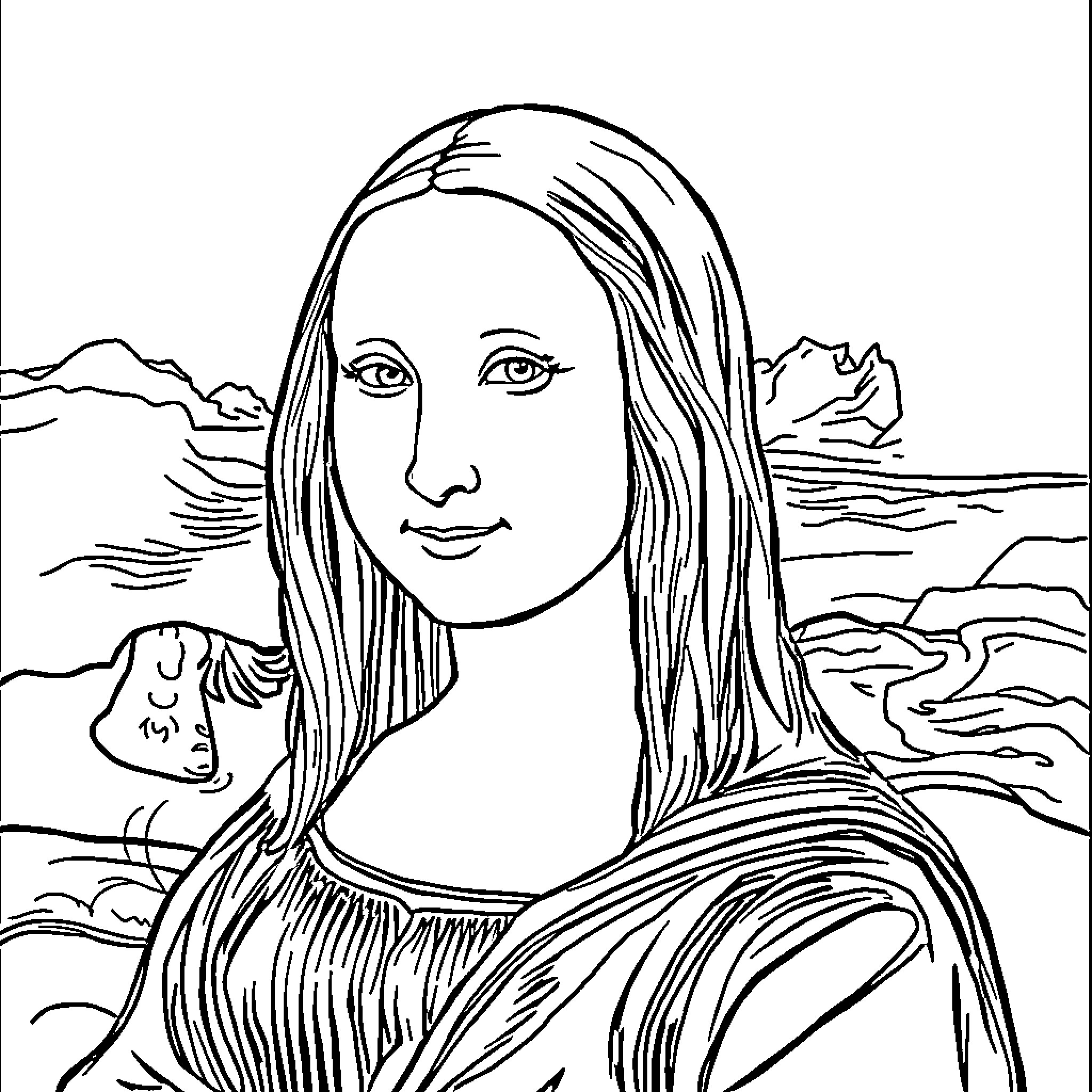 Mona Lisa's Pensive Expression in Iconic Landscape Coloring Page (free black-and-white line drawing printable PDF for all, from beginners to advanced learners, including children, teens, adults, and seniors)