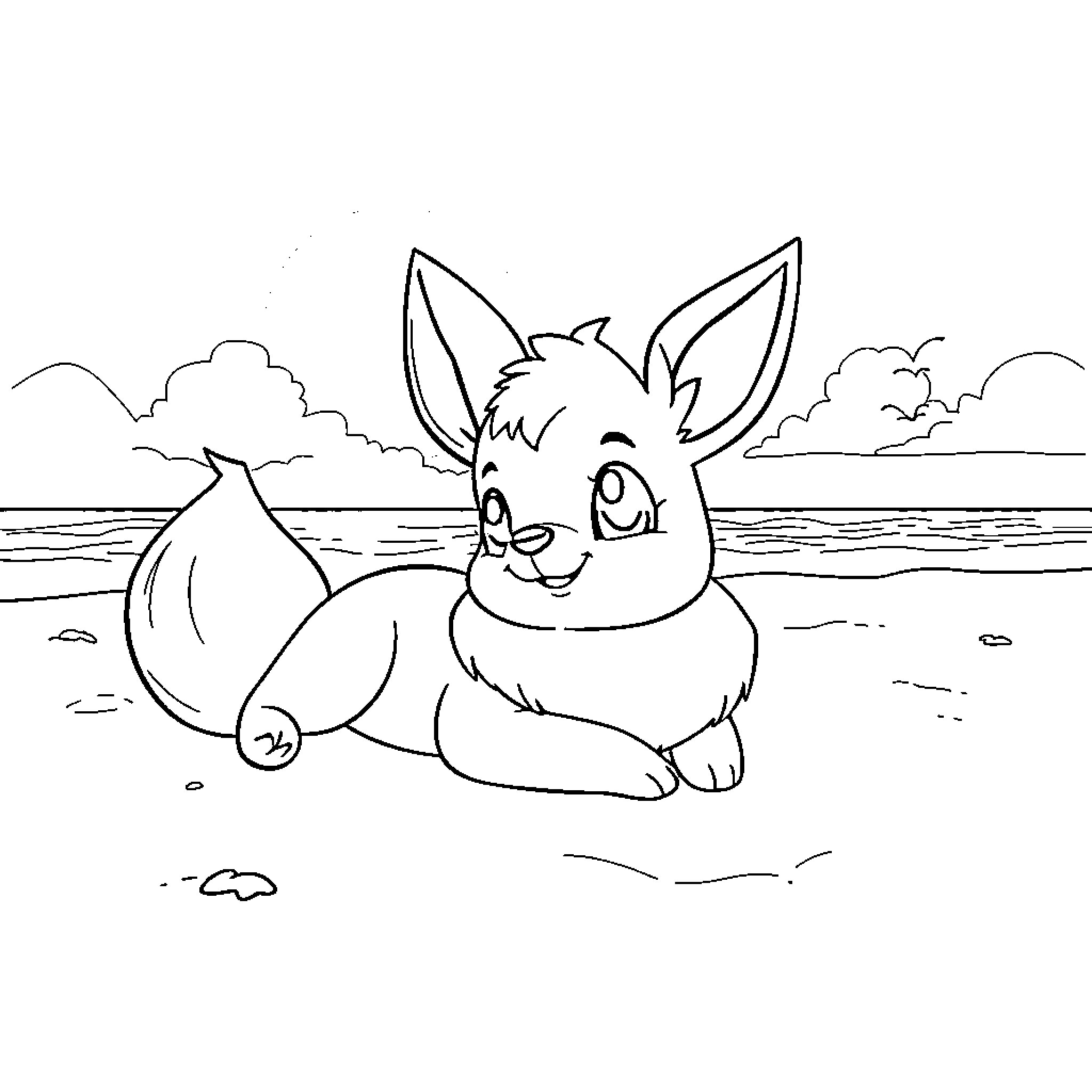 Eevee frolicking by the lake Coloring Page (free black-and-white line drawing printable PDF for all, from beginners to advanced learners, including children, teens, adults, and seniors)