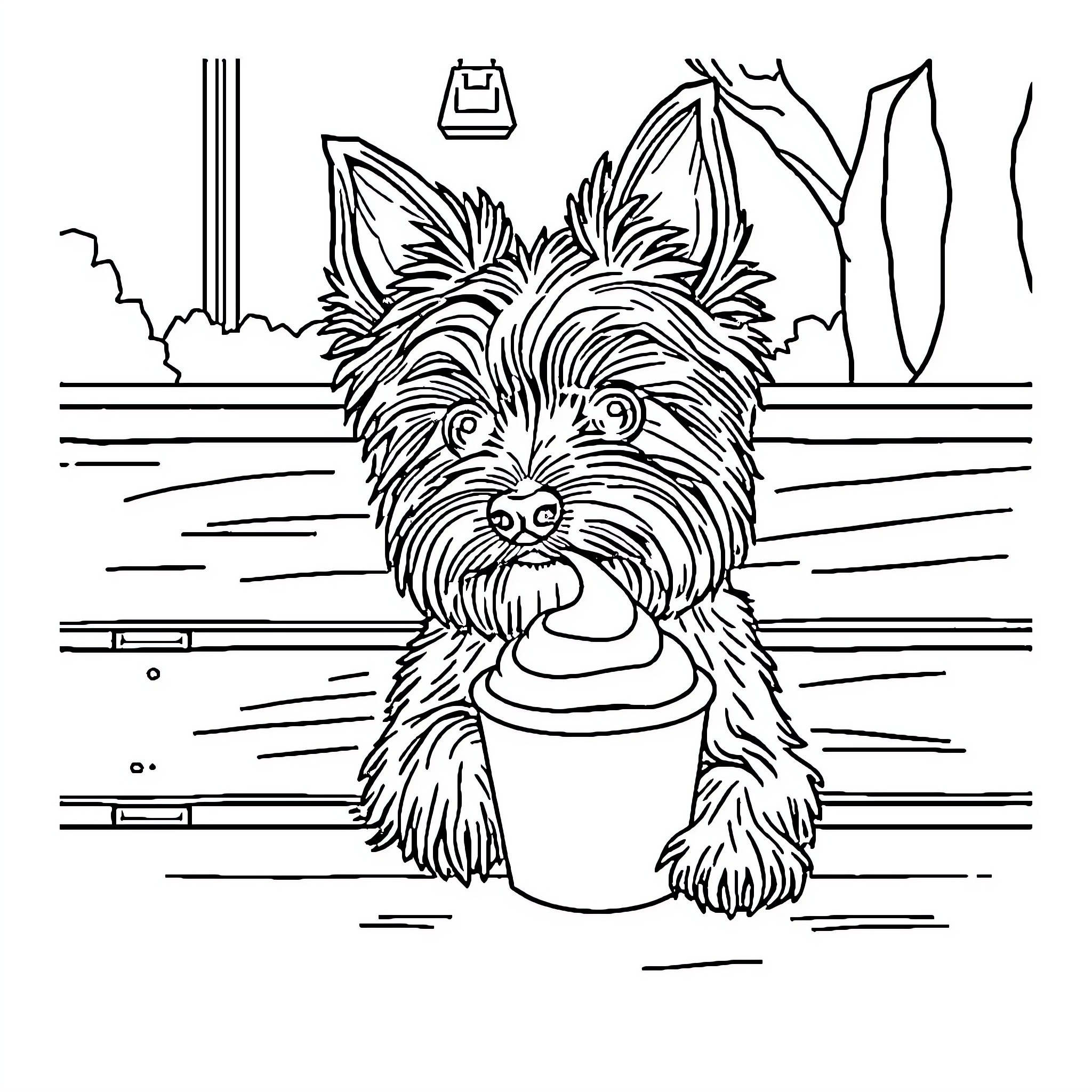 Yorkshire Terrier Enjoying a Drink in the Park Coloring Page (free black-and-white line drawing printable PDF for all, from beginners to advanced learners, including children, teens, adults, and seniors)